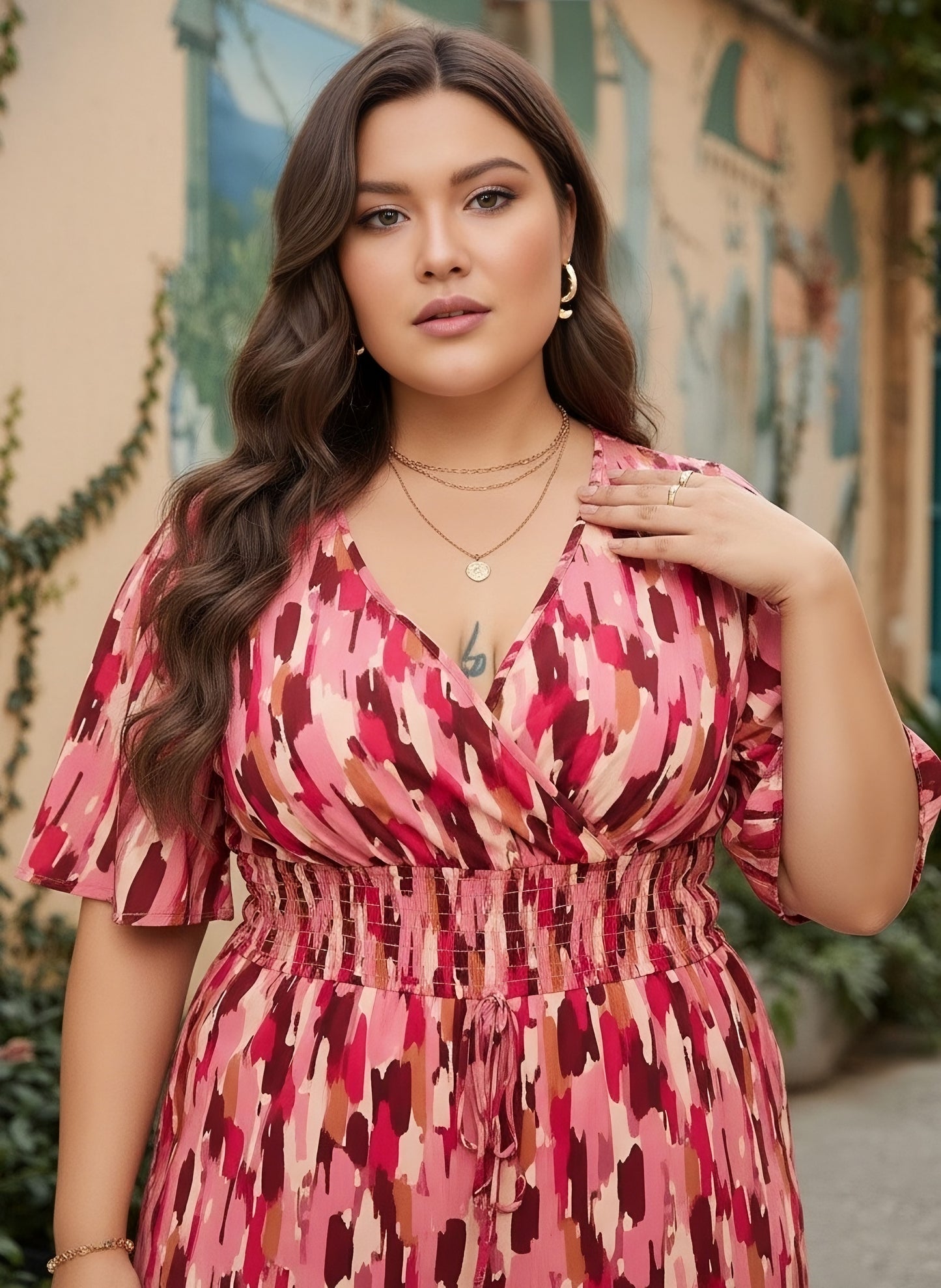 Berrylush Curve Women Pink & Red Abstract Printed V-Neck Tie-Up V-Back Straight Hem Smocked Mini Jumpsuit