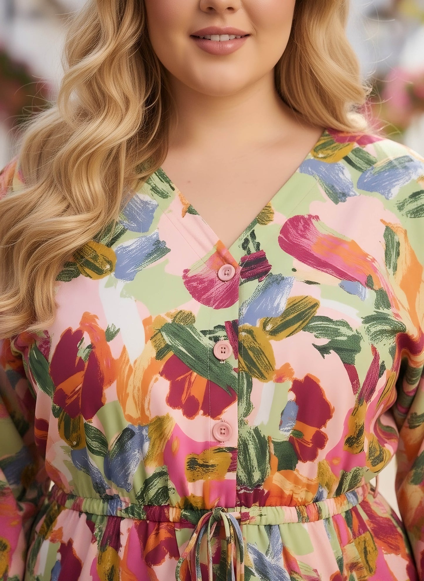 Berrylush Curve Women Pink & Multicolour Abstract Printed V-Neck Front Tie-Up Button-Up Mini Romper Jumpsuit