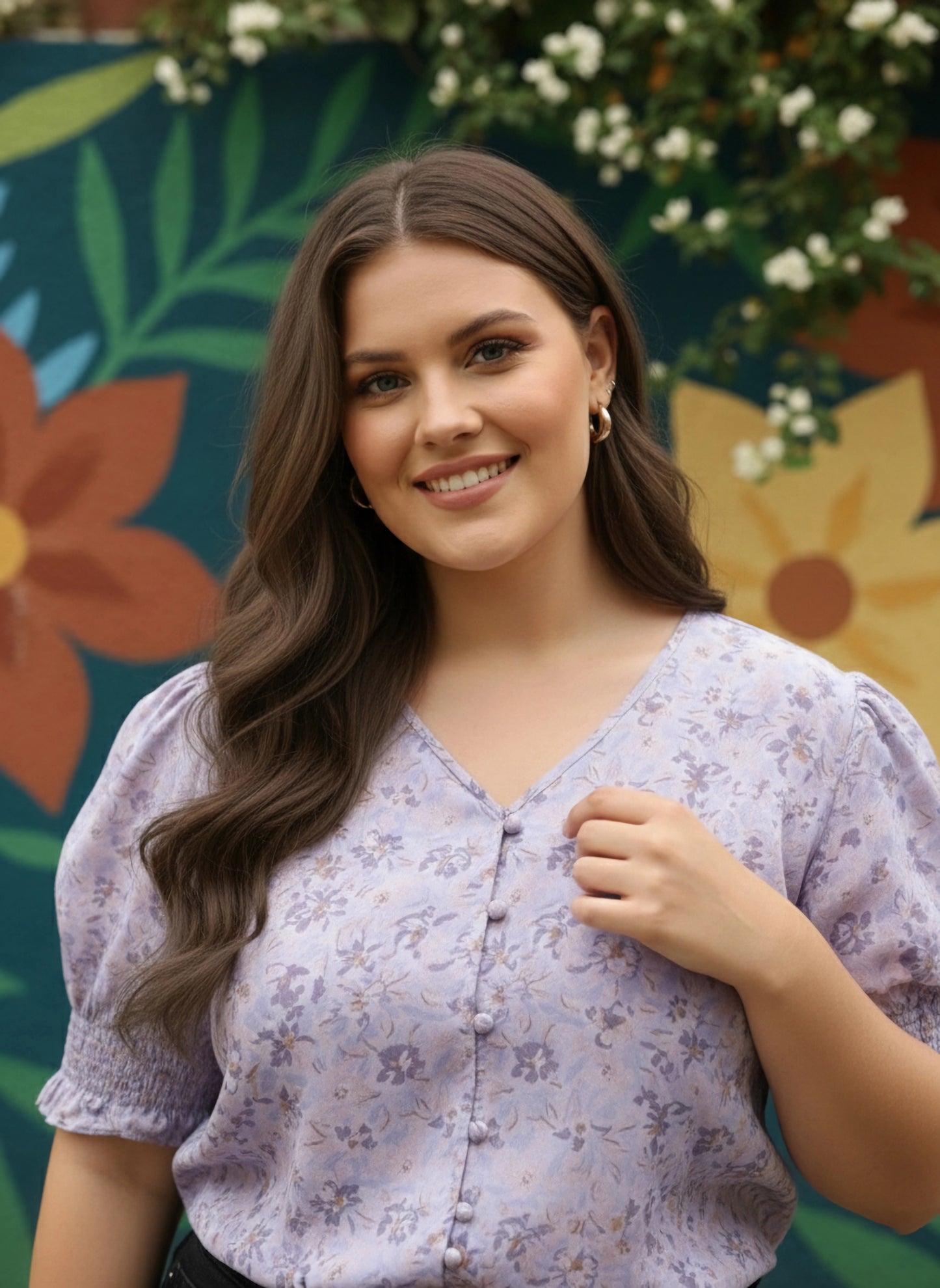 Plus Size Purple Floral Printed V-Neck Puff Sleeves Button-Up Crepe Smocked Regular Top