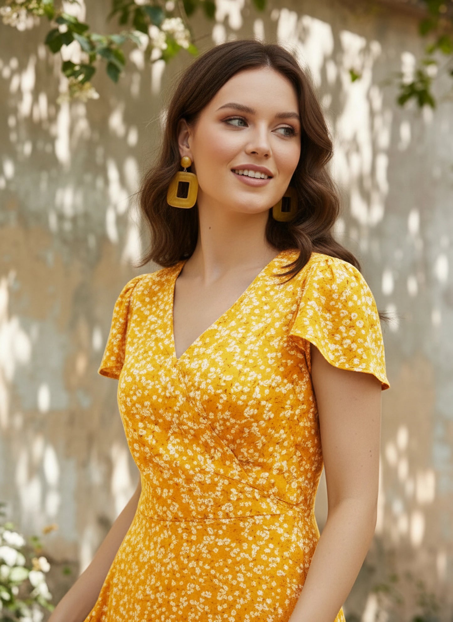 Berrylush Women Yellow Floral Printed A-Line Wrap Mini Dress