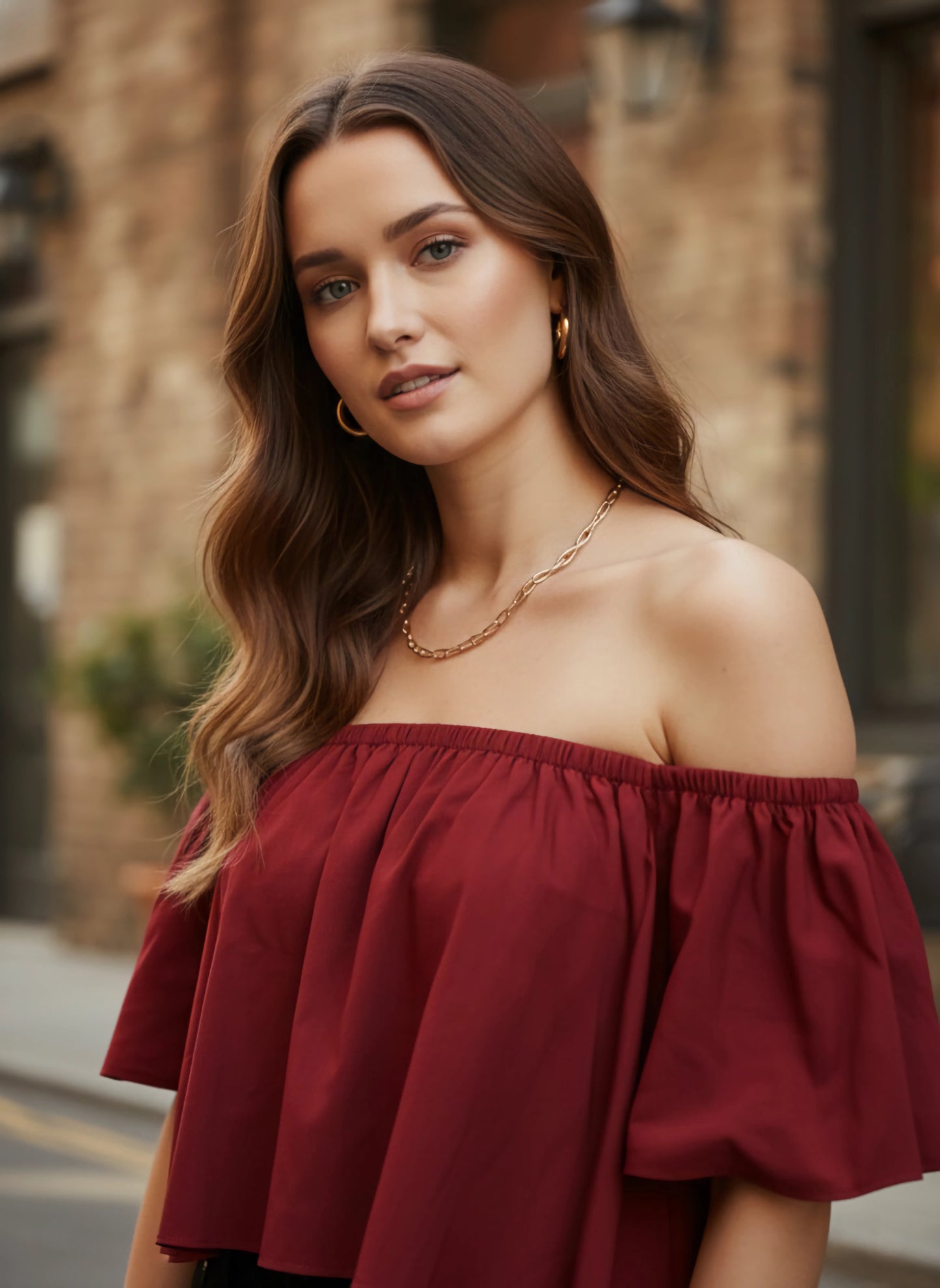 Berrylush Women Solid Maroon Off-Shoulder Neck Ruffled Crop Bardot Top