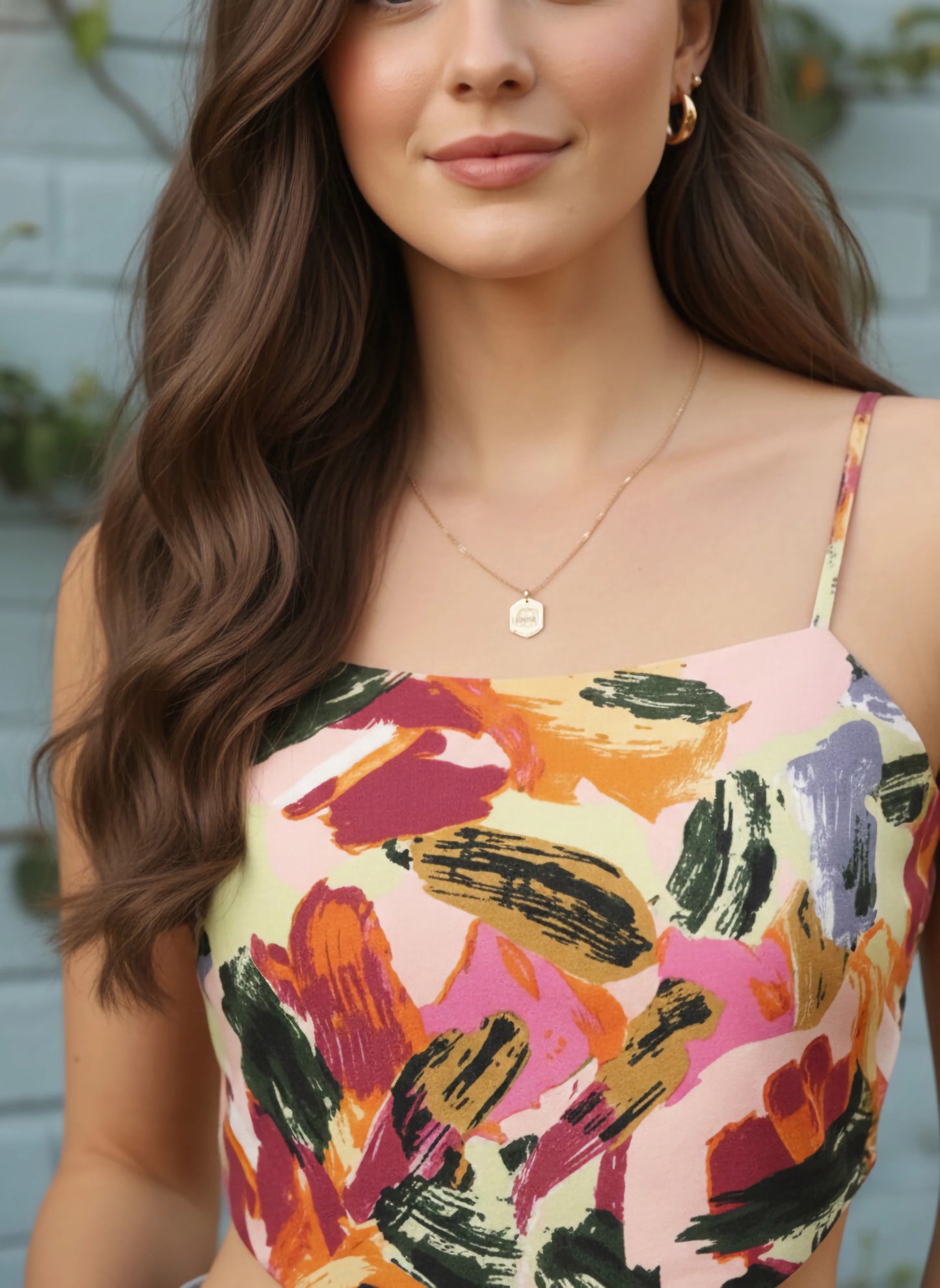 Berrylush Women Pink & Green Brushstroke Printed Square Neck Crepe Cropped Top