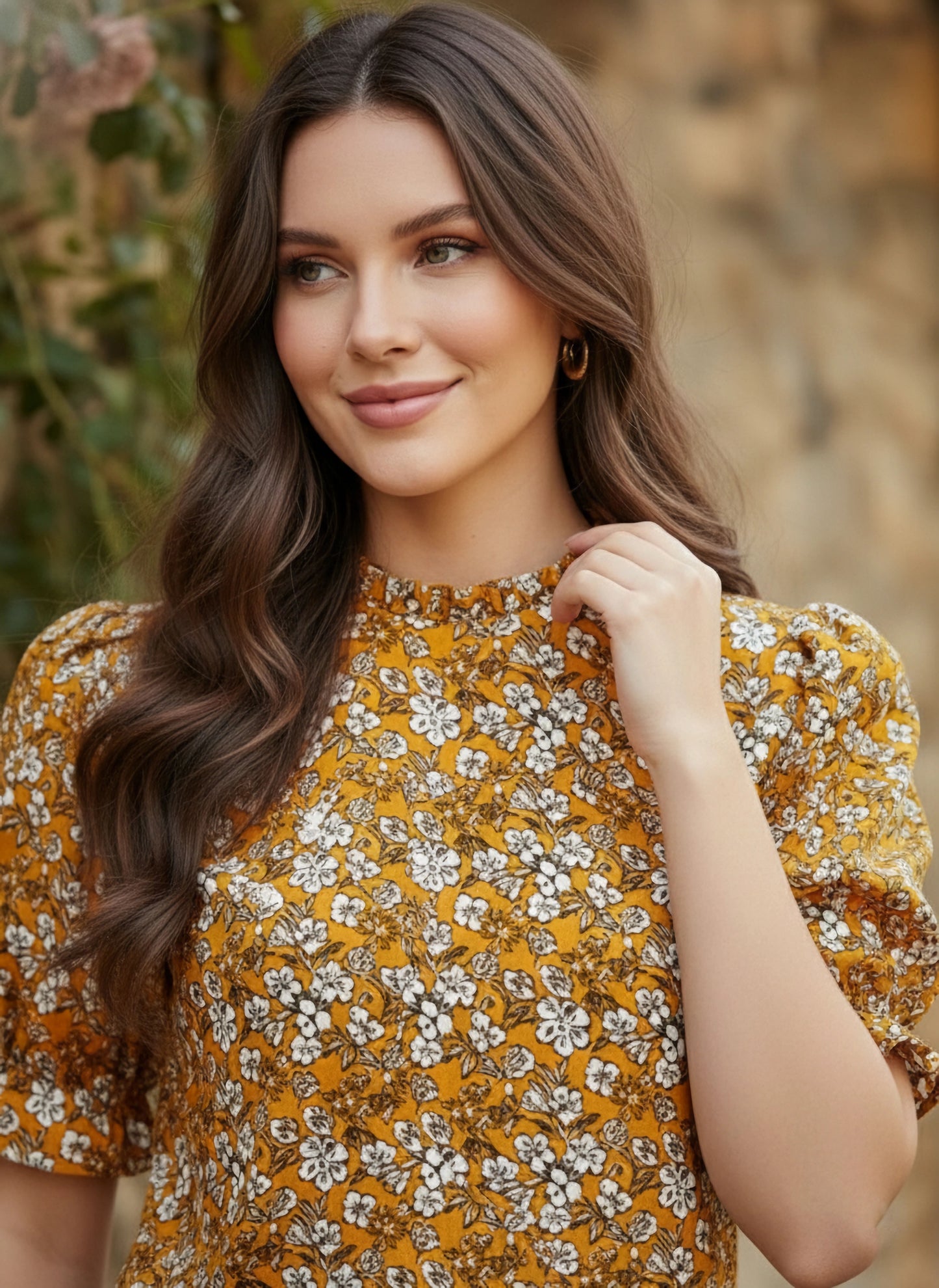 Berrylush Women Mustard Yellow & White Floral Printed Mandarin Collar Pleated Top