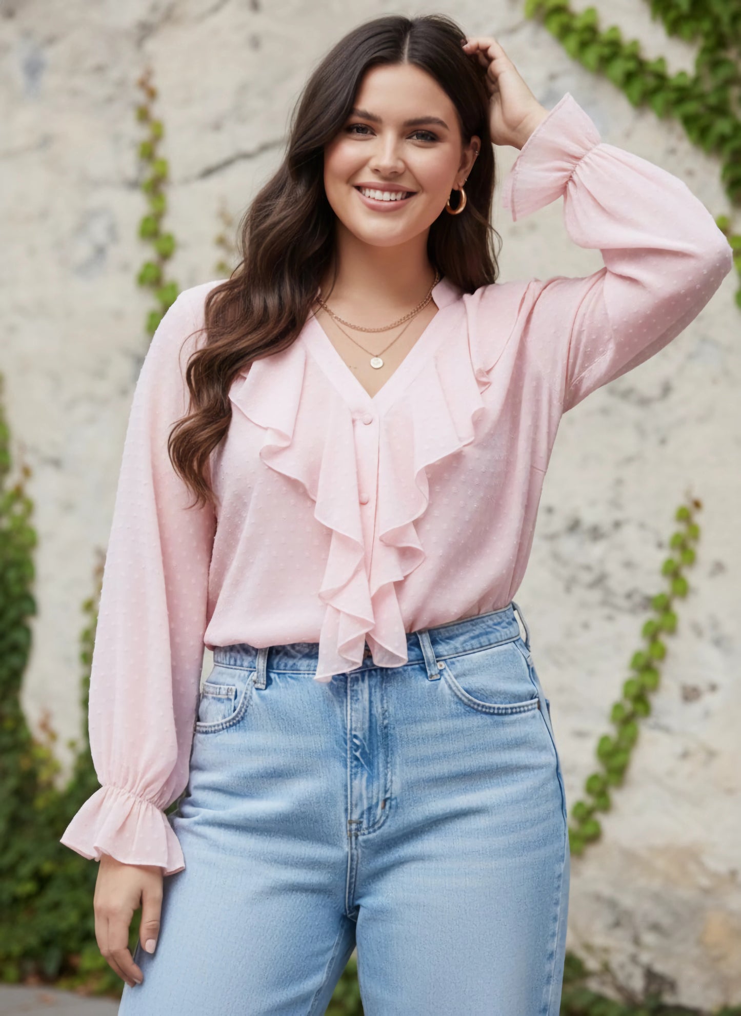 Berrylush Women Plus Size Solid Pink Dobby Weave V-Neck Puff Sleeve Button-Up Semi-Sheer Ruffled Regular Top