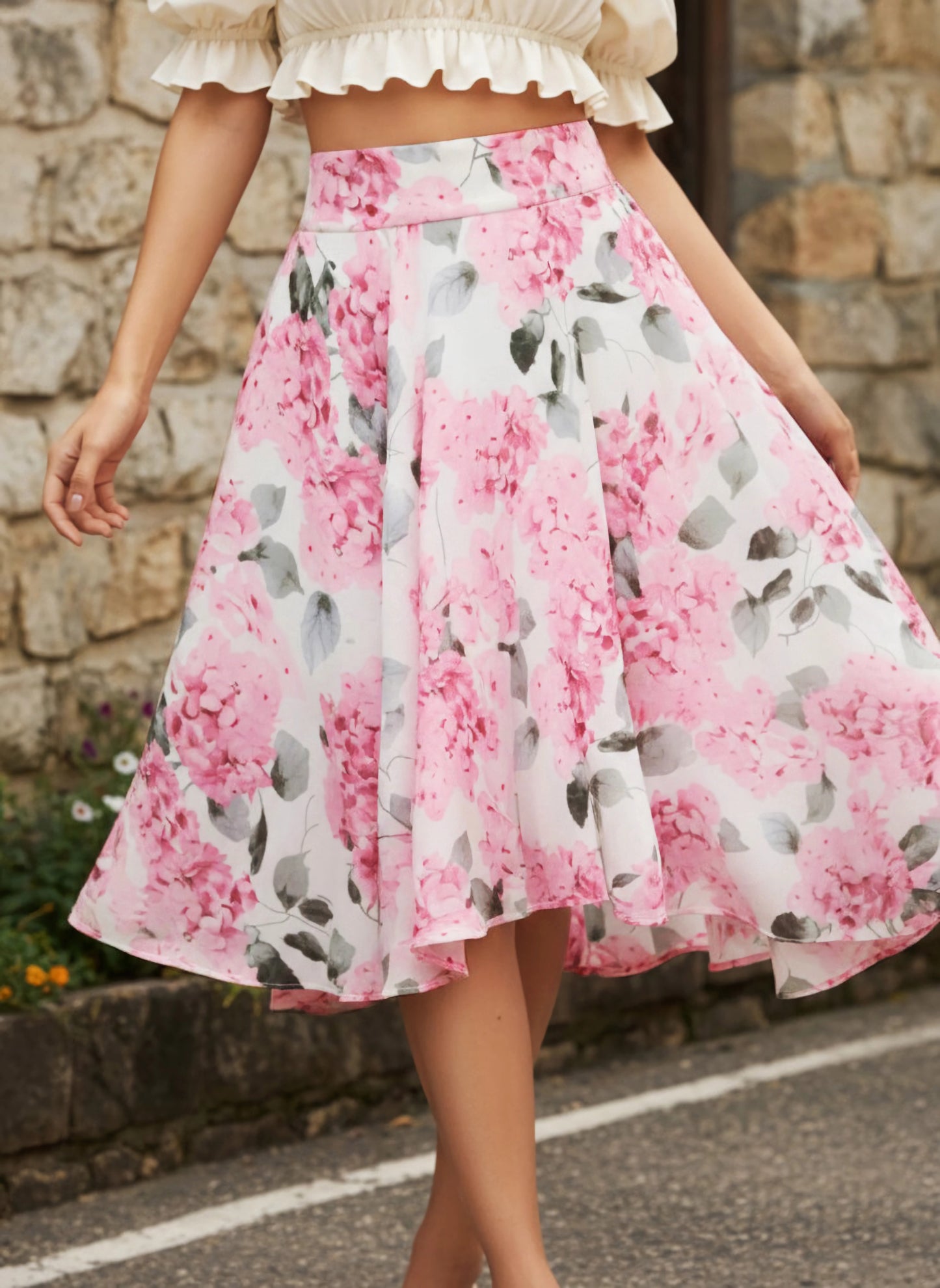 Berrylush Women White & Pink Floral Printed High-Rise Waist Georgette Back Zipper-Up Pleated A-Line Midi Skirt