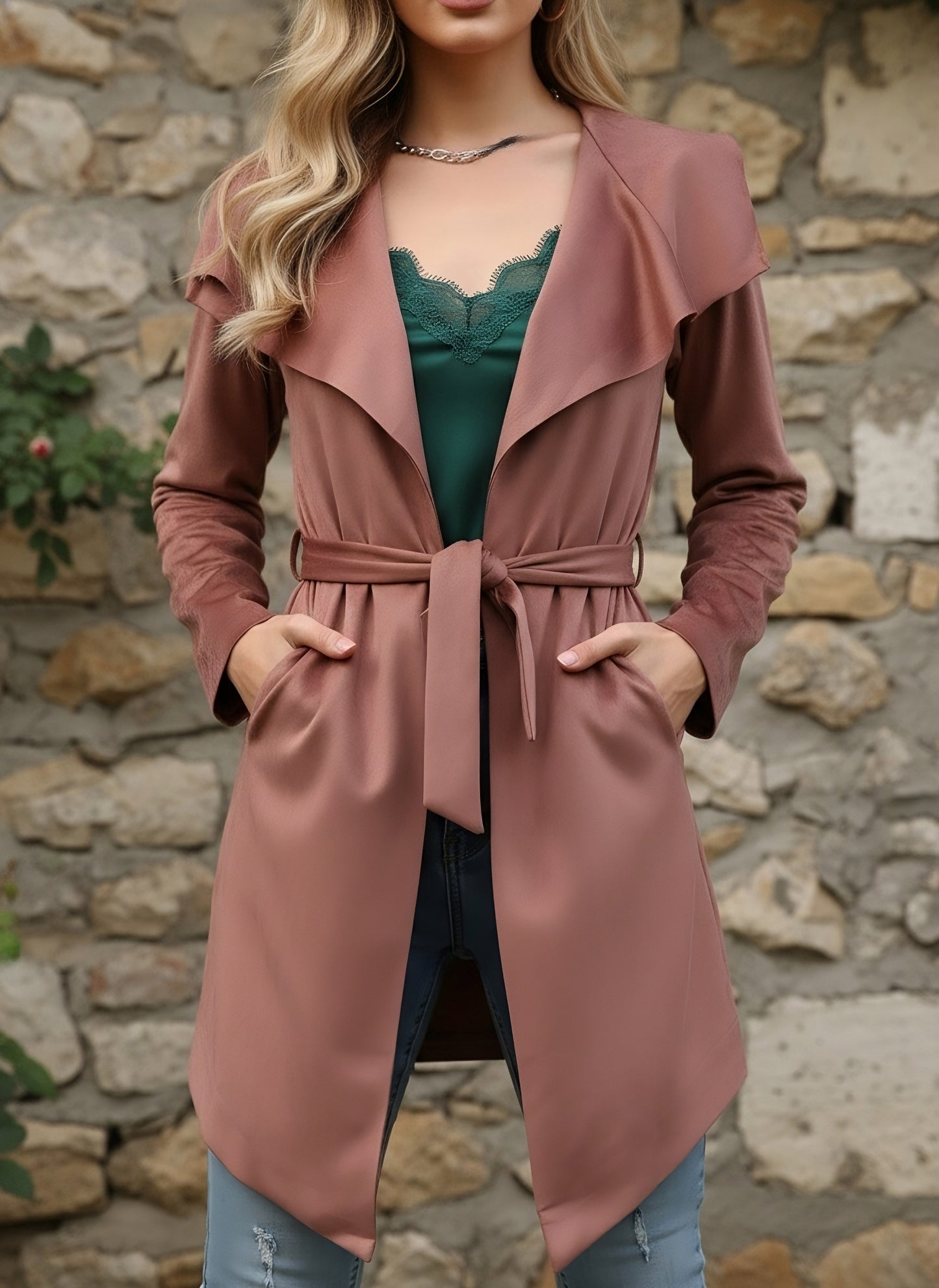 Berrylush Women Solid Brown Shawl Collar Neck Tie-Up Waist Wrap Coat