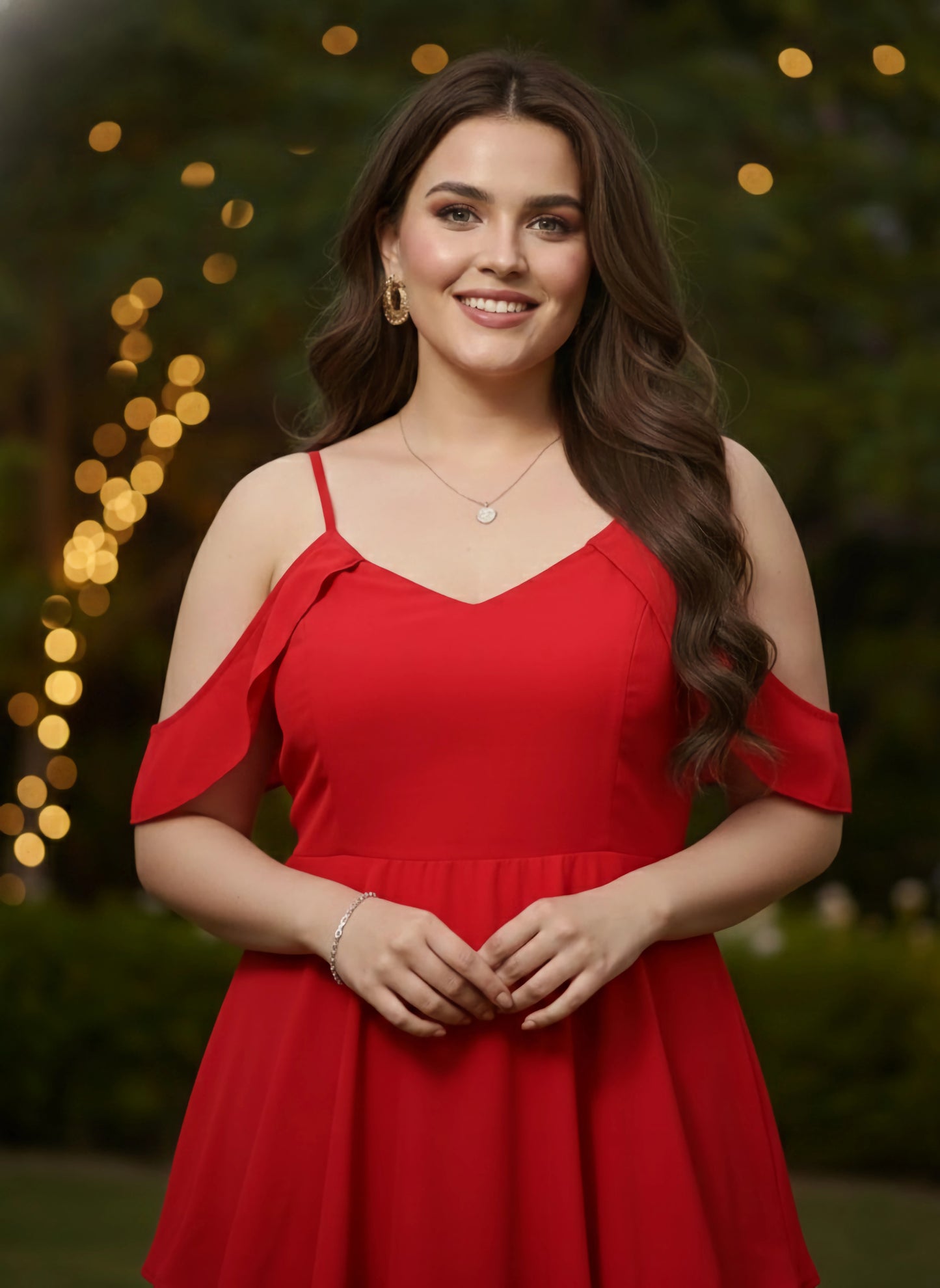 Plus Size Solid Red V-Neck Cold-Shoulder Sleeves Flounce Hem Layered A-Line Maxi Dress