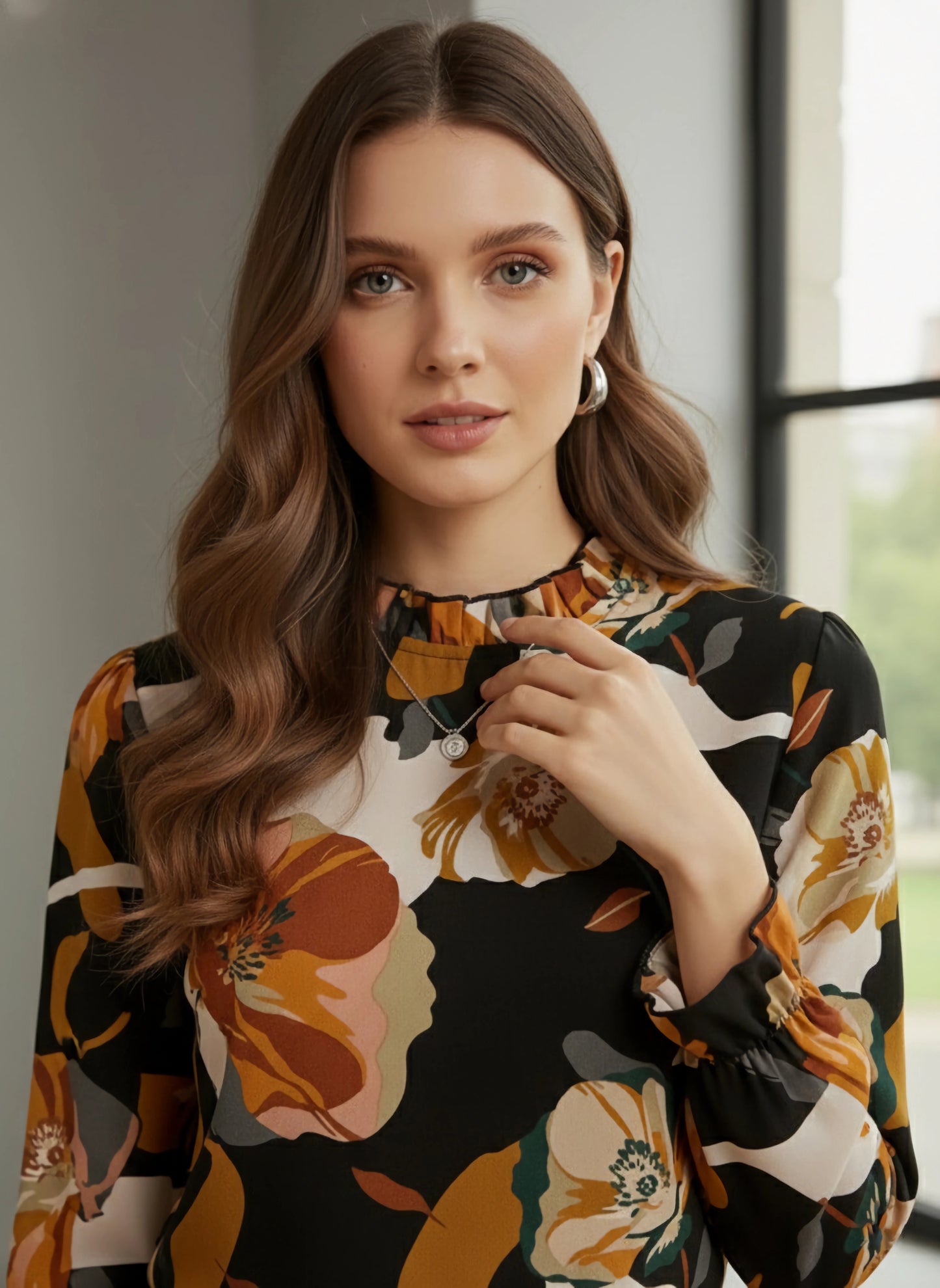 Berrylush BIZwear Women Black & Orange Floral Printed High-Neck Bishop Sleeve Ruffled Regular Top