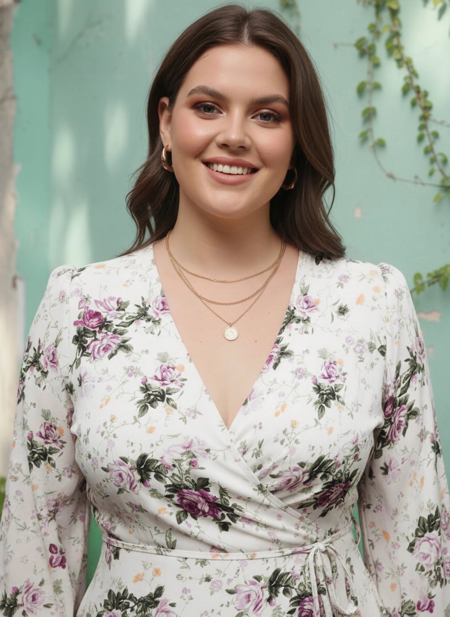 Berrylush Women Plus Size White & Lavender Floral Printed V-Neck Waist Tie-Up Flared Wrap Mini Dress