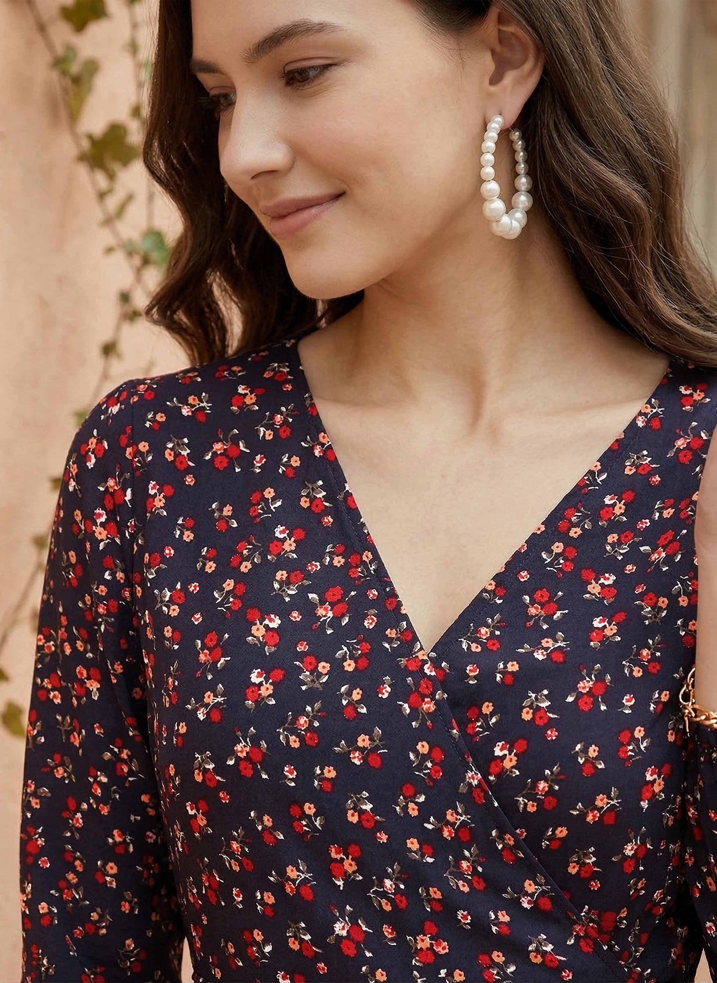Berrylush Women Navy Blue Floral Printed Fit & Flare Wrap Mini Dress