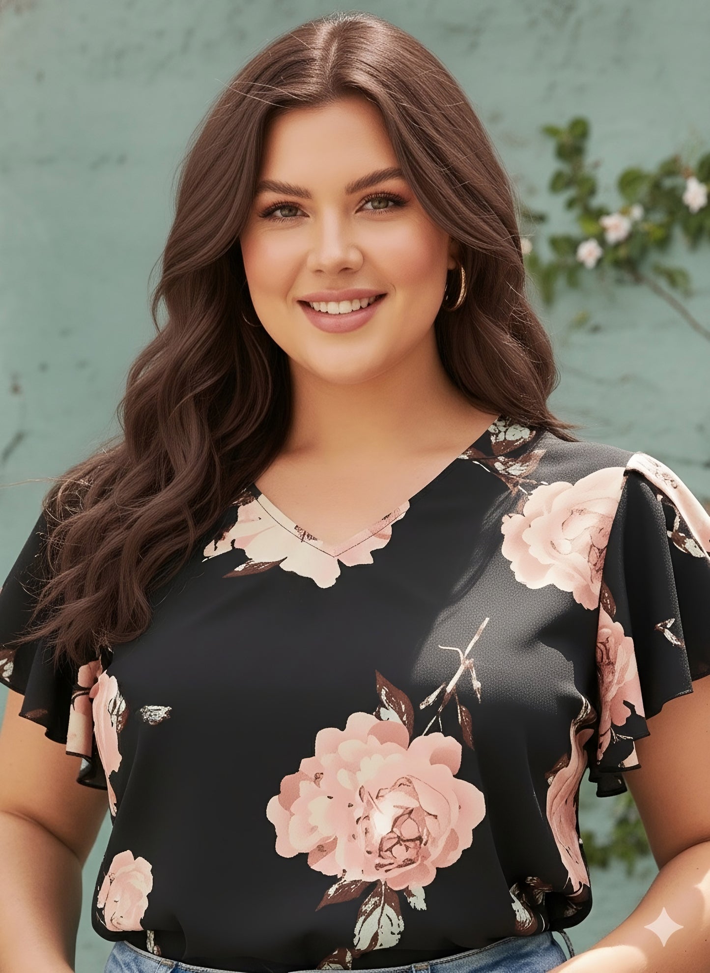 Berrylush Curve Women Black & Pink Floral Printed V-Neck Flutter Sleeves Slip-On Regular Top