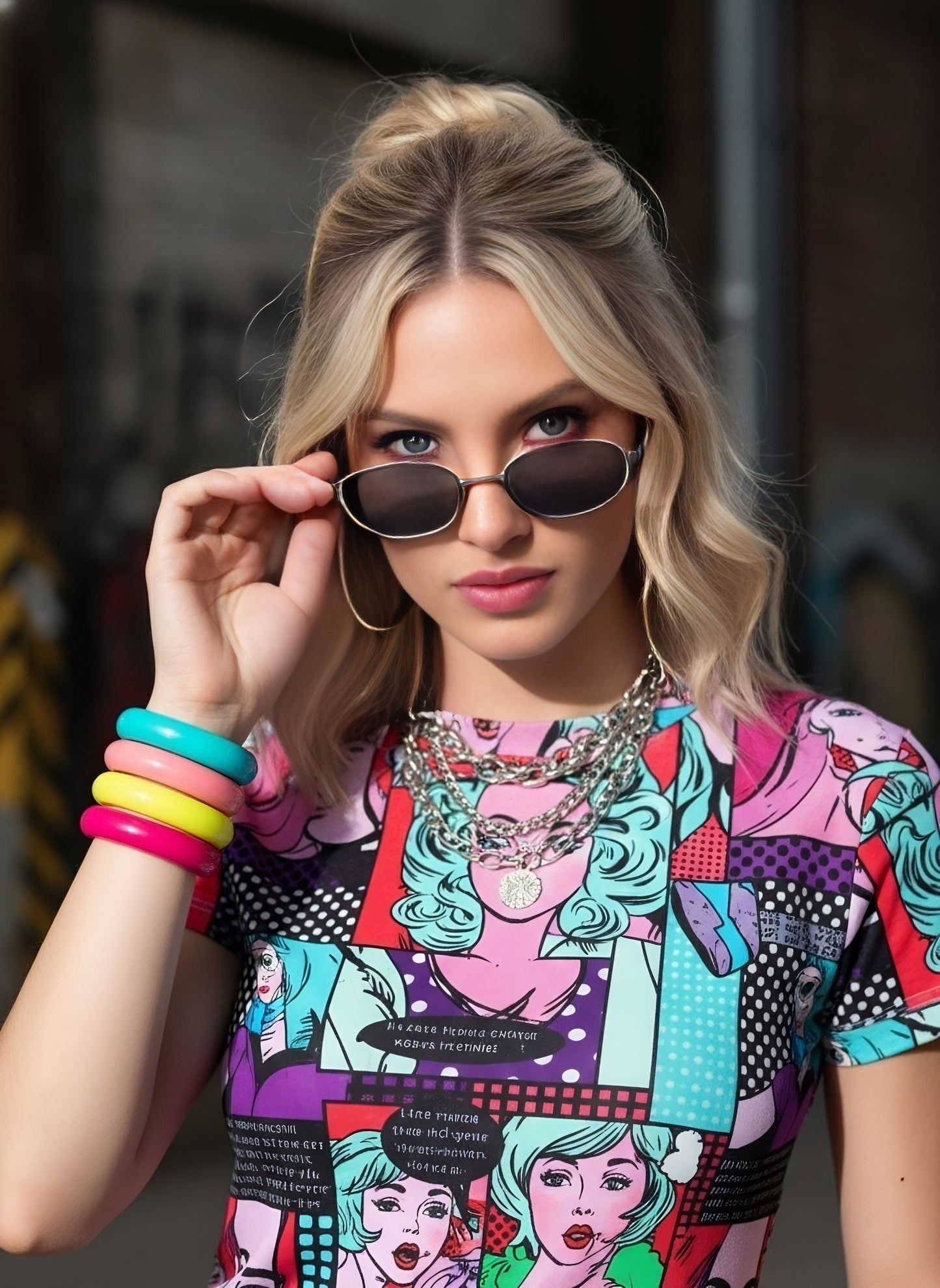 Berrylush Women Multicolour Graphic Printed High Neck Knitted Regular T-Shirt