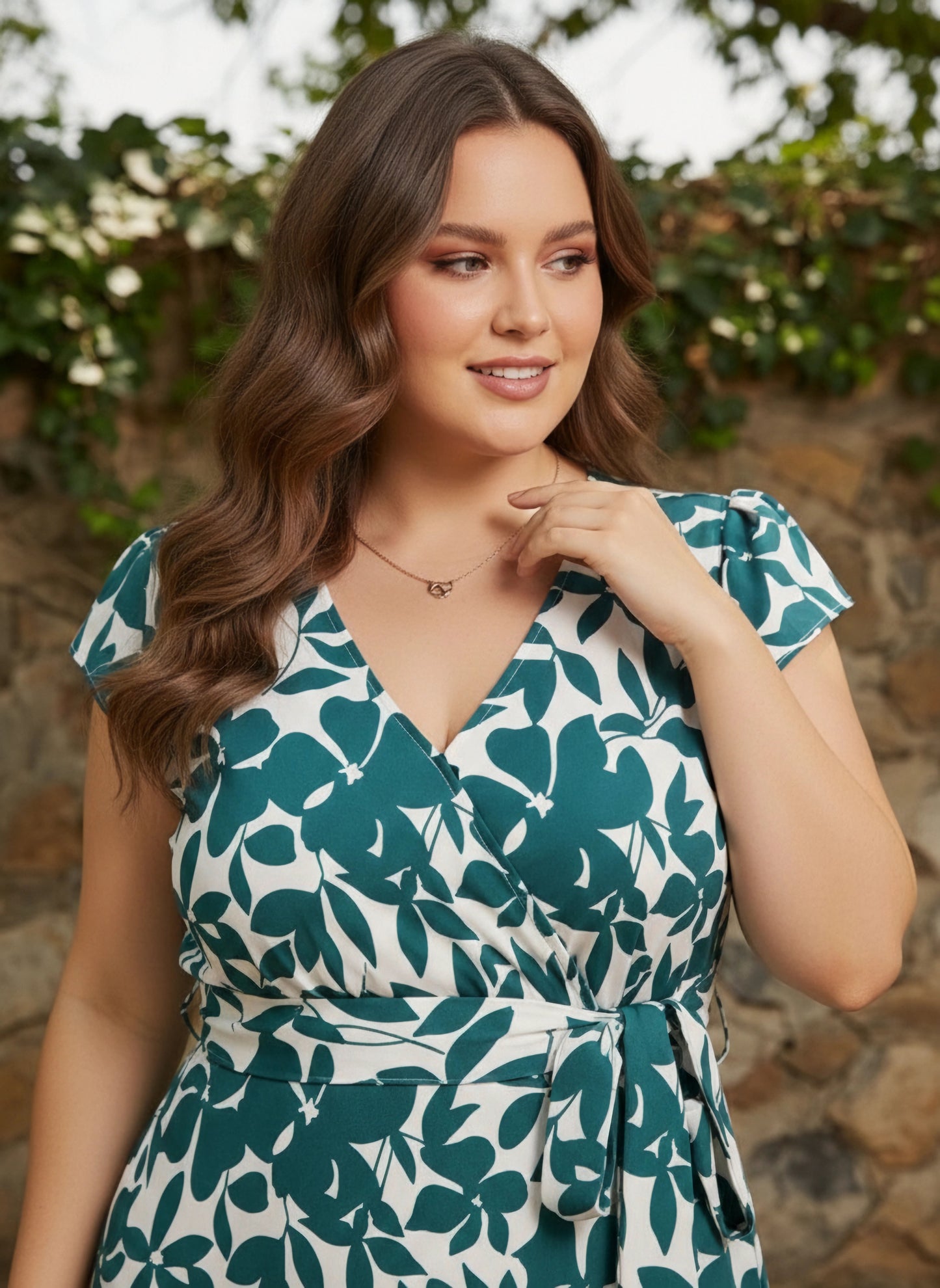 Plus Size White & Teal Floral Printed V-Neck Tie-Up Waist Thigh-High Slit Flared Wrap Midi Dress