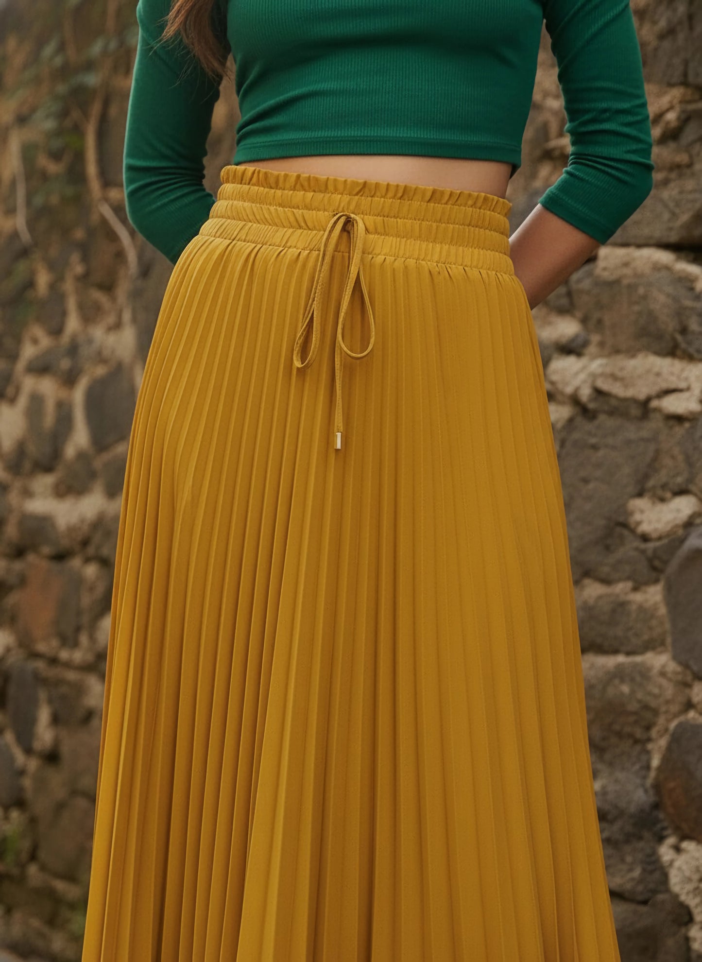 Solid Yellow High-Rise Elastic Waist Tie-Up Straight Hem Pleated Midi Skirt
