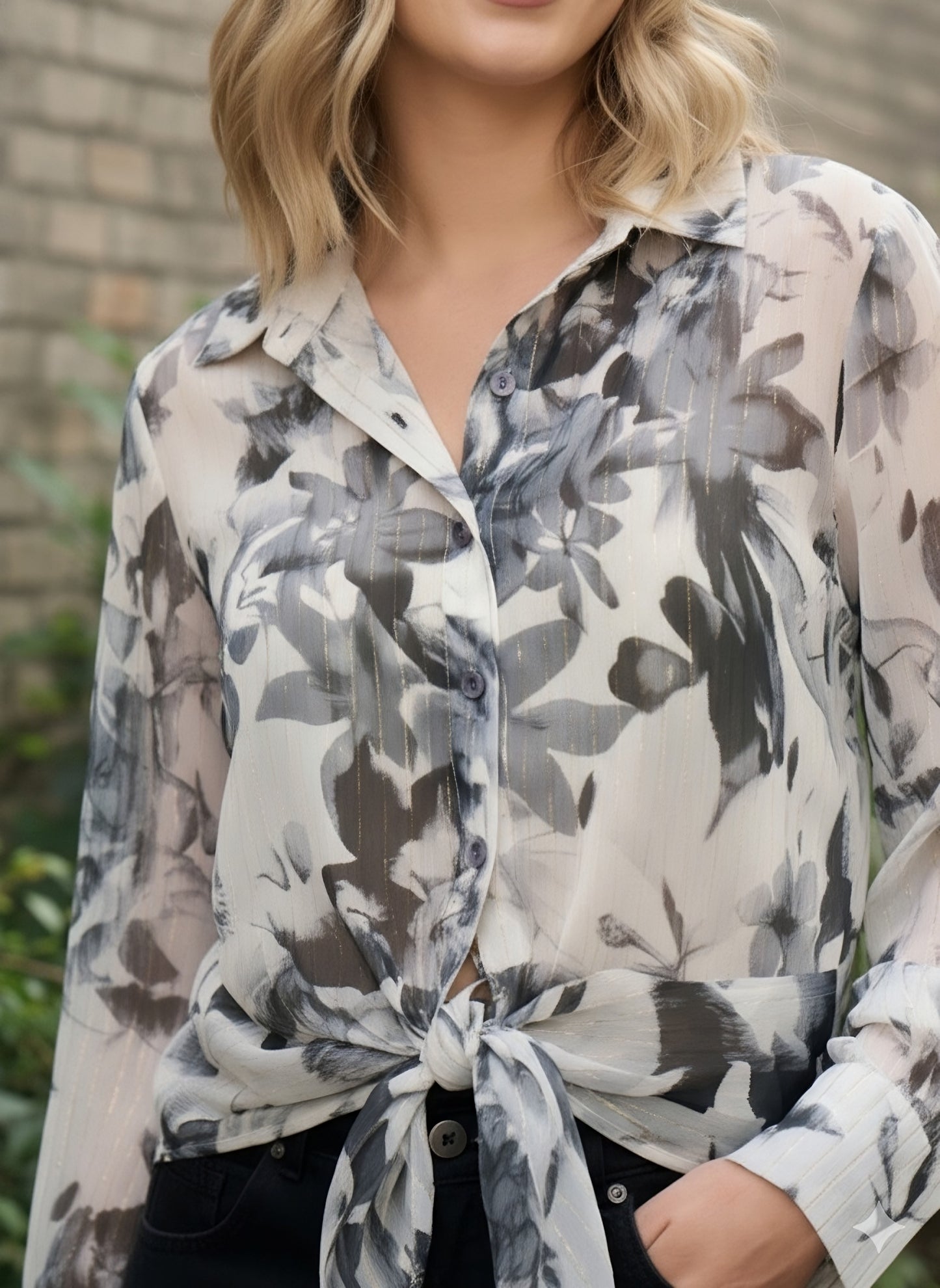 Berrylush Women Black Floral Print Spread Collar Long Sleeve Regular Shirt