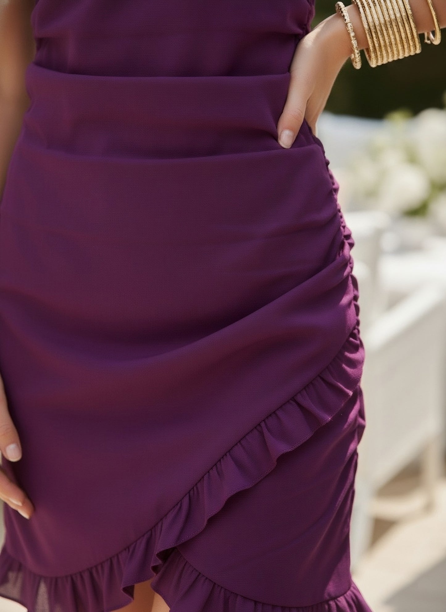 Berrylush Women Solid Purple V-Neck Sleeveless Tulip Hem Ruffled & Ruched A-Line Mini Dress