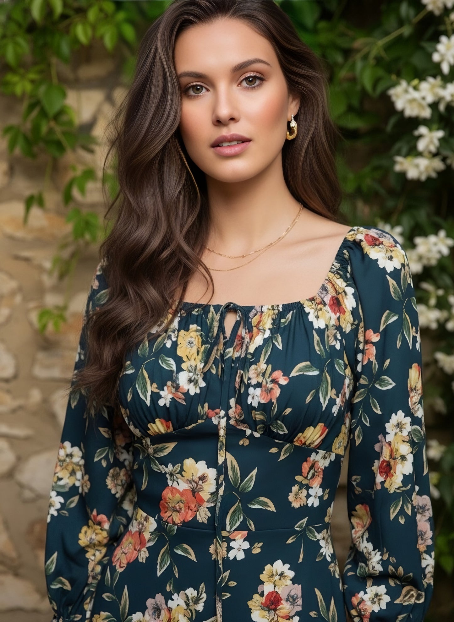 Berrylush Women Green & White Floral Printed Square Neck Front Tie-Up Thigh-High Slit Pleated A-Line Maxi Dress