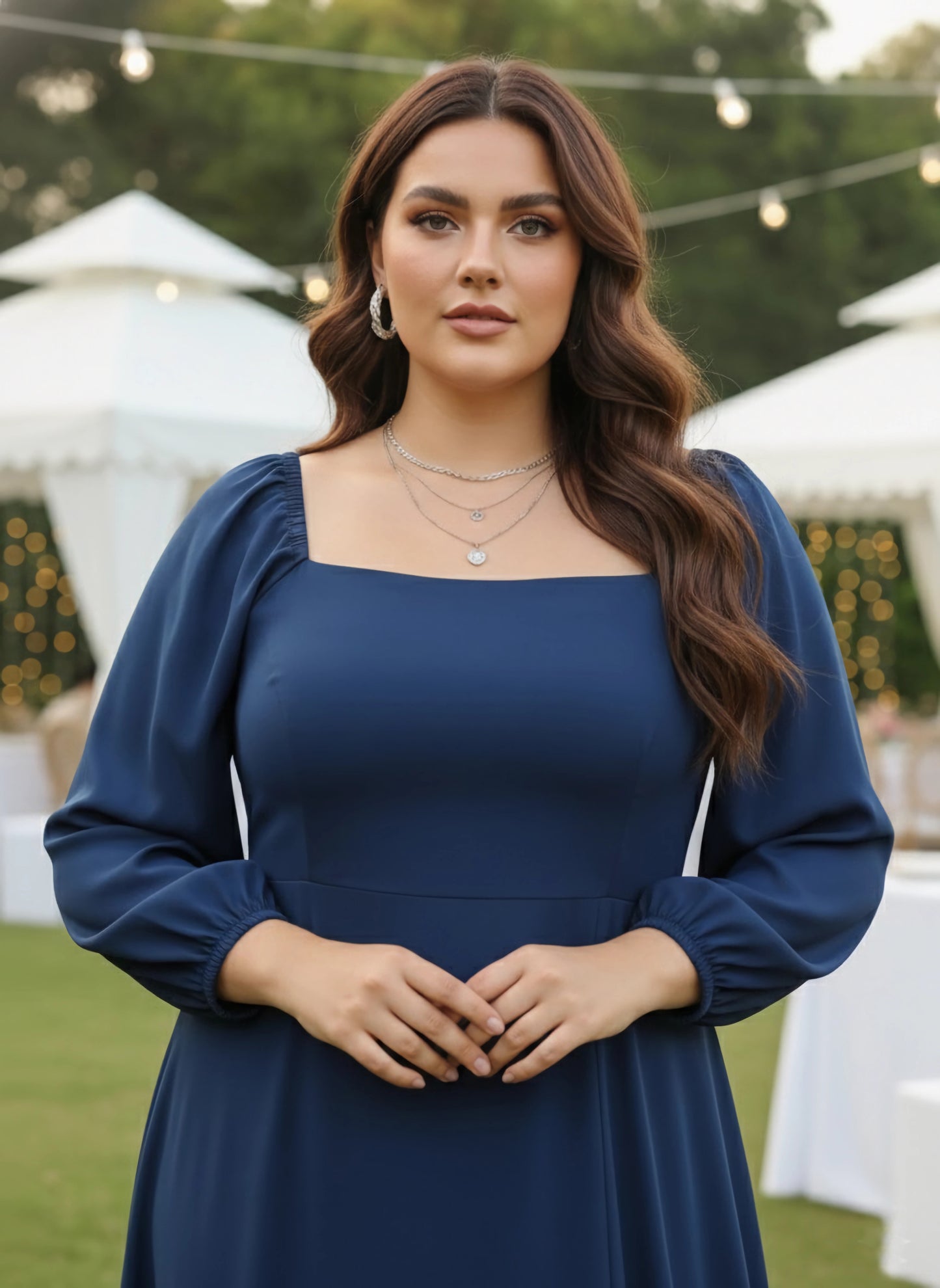 Berrylush Women Plus Size Solid Blue Square Neck Crepe Zipper-Up Thigh-High Slit Fit & Flare Maxi Dress