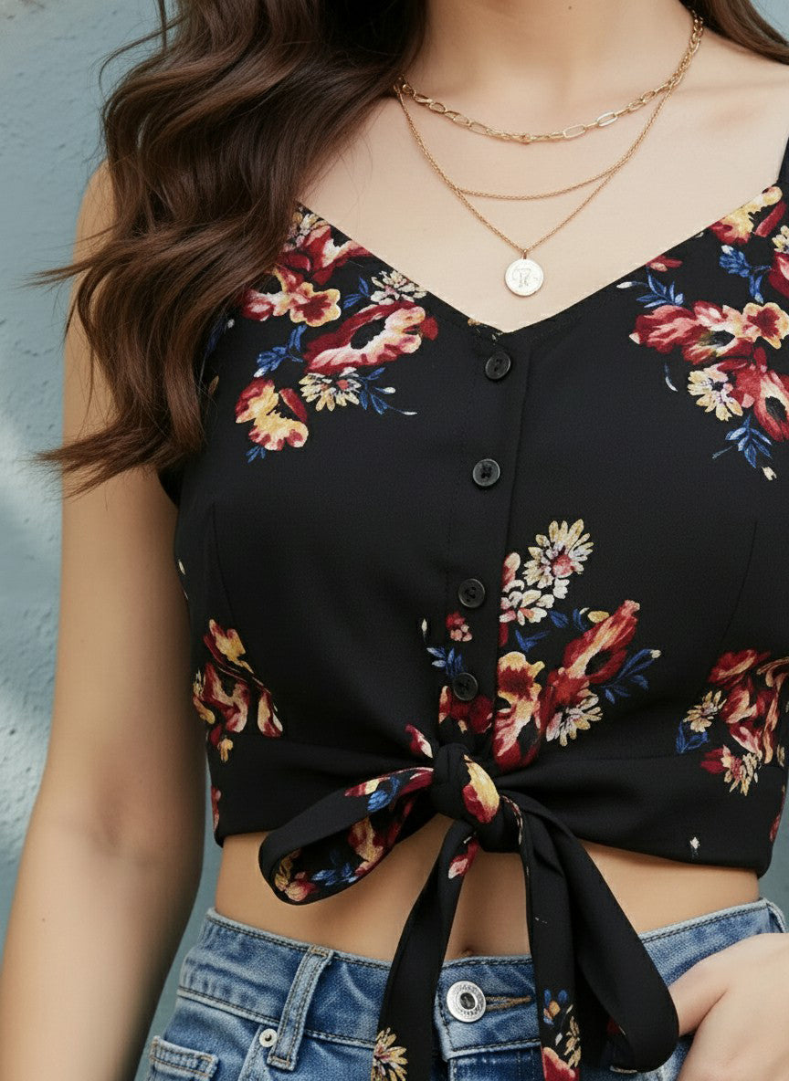 Berrylush Women Black & Red Floral Printed Tie-Up Crop Top