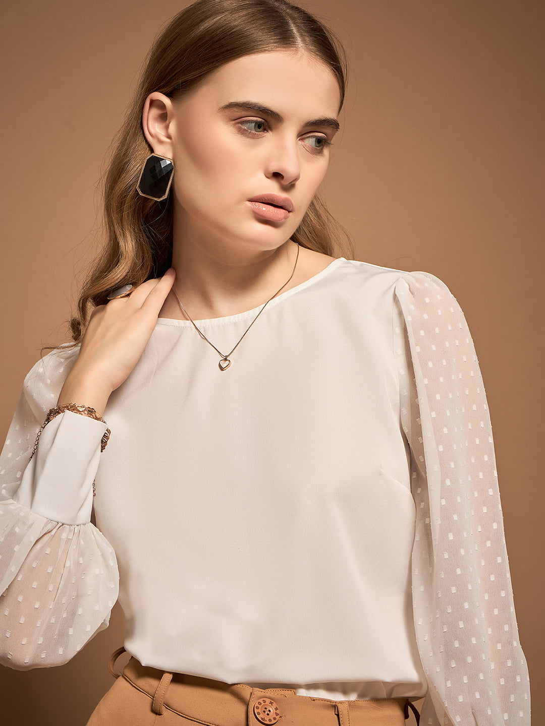 Berrylush BIZwear Women Solid White Dobby Weave Round Neck Long Sleeves Back Keyhole Button-Up Regular Top