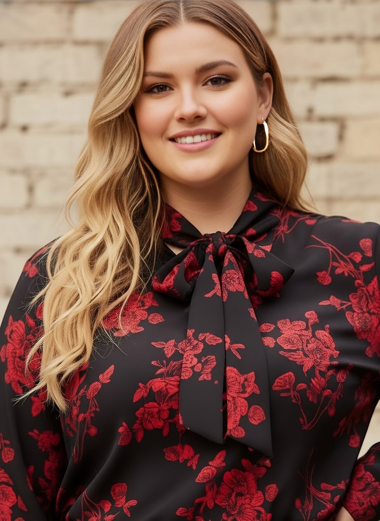 Berrylush Women Plus Size Black & Red Floral Printed Tie-Up Neck Polyester Regular Top