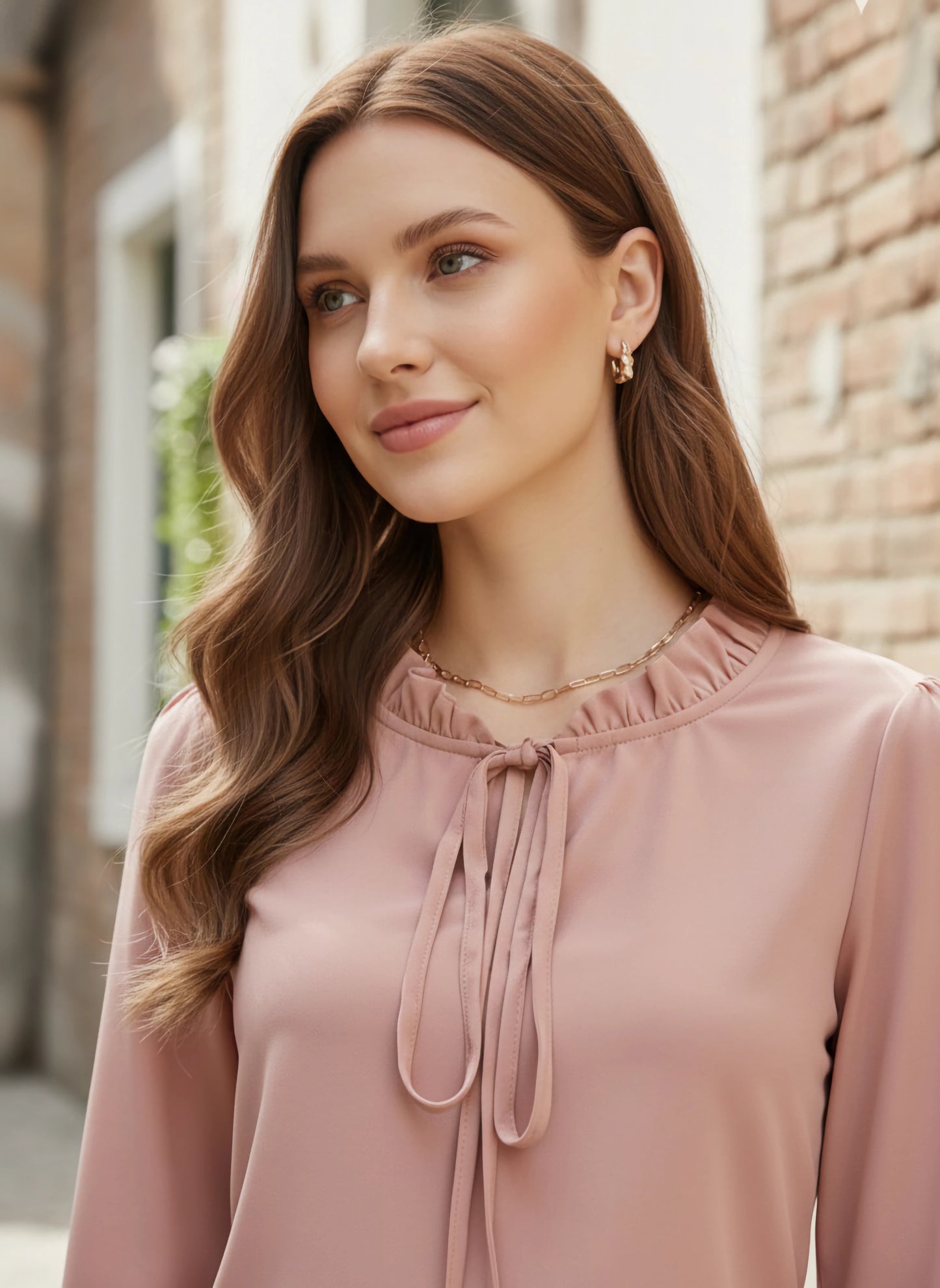 Berrylush Women Solid Peach Tie-Up Neck Crepe Ruffled Regular Top