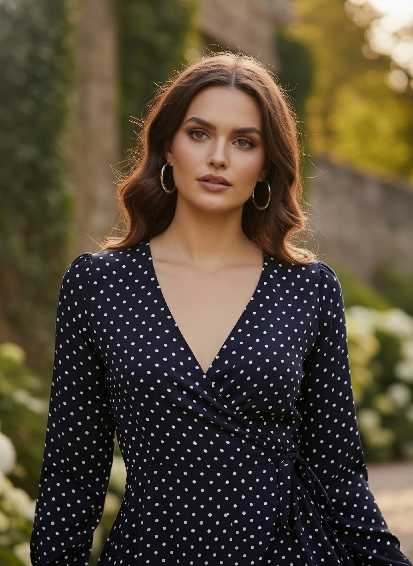 Berrylush Women Navy Blue Polka Dot Printed V-Neck Waist Tie-Up Fit & Flare Wrap Mini Dress