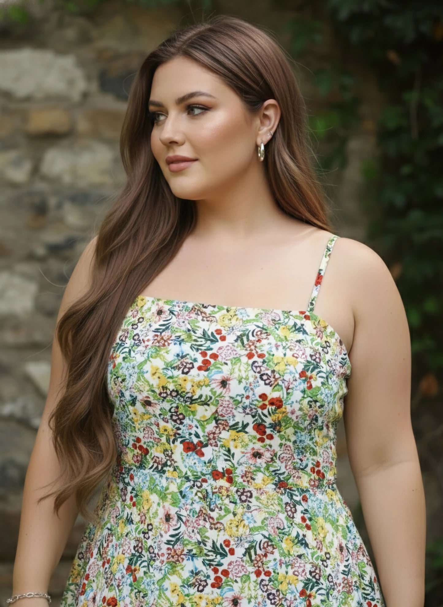 Berrylush Women Plus Size White & Multicolour Floral Printed Square Neck Sleeveless Cotton Fit & Flare Mini Dress