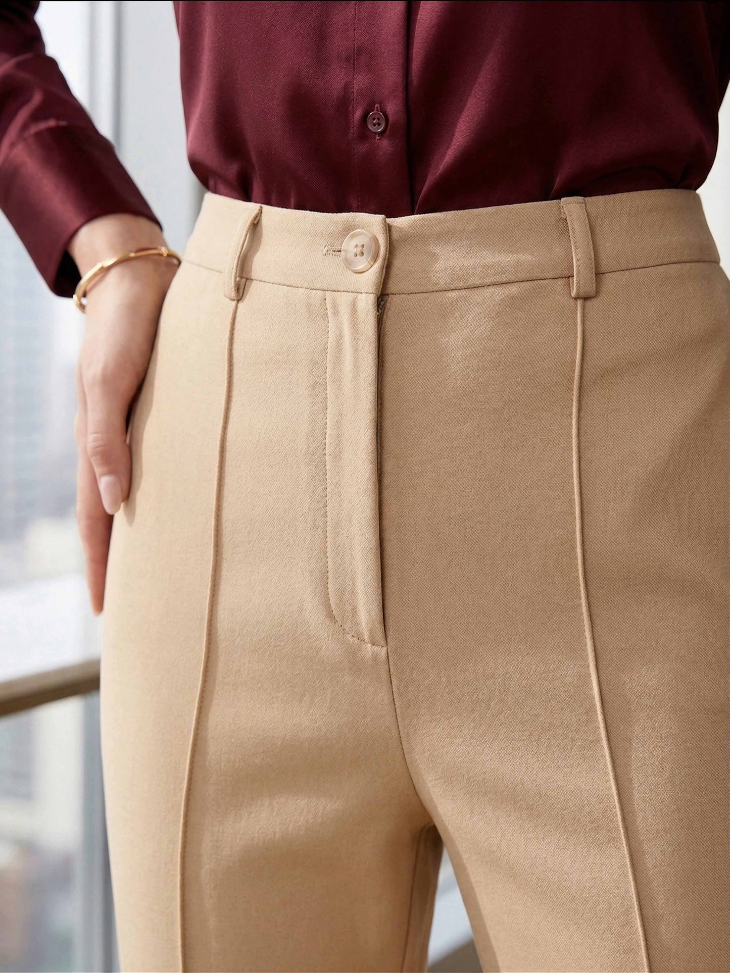 BIZwear Solid Beige High-Rise Waist Straight-Leg Front-Pleat Knitted Regular Trousers
