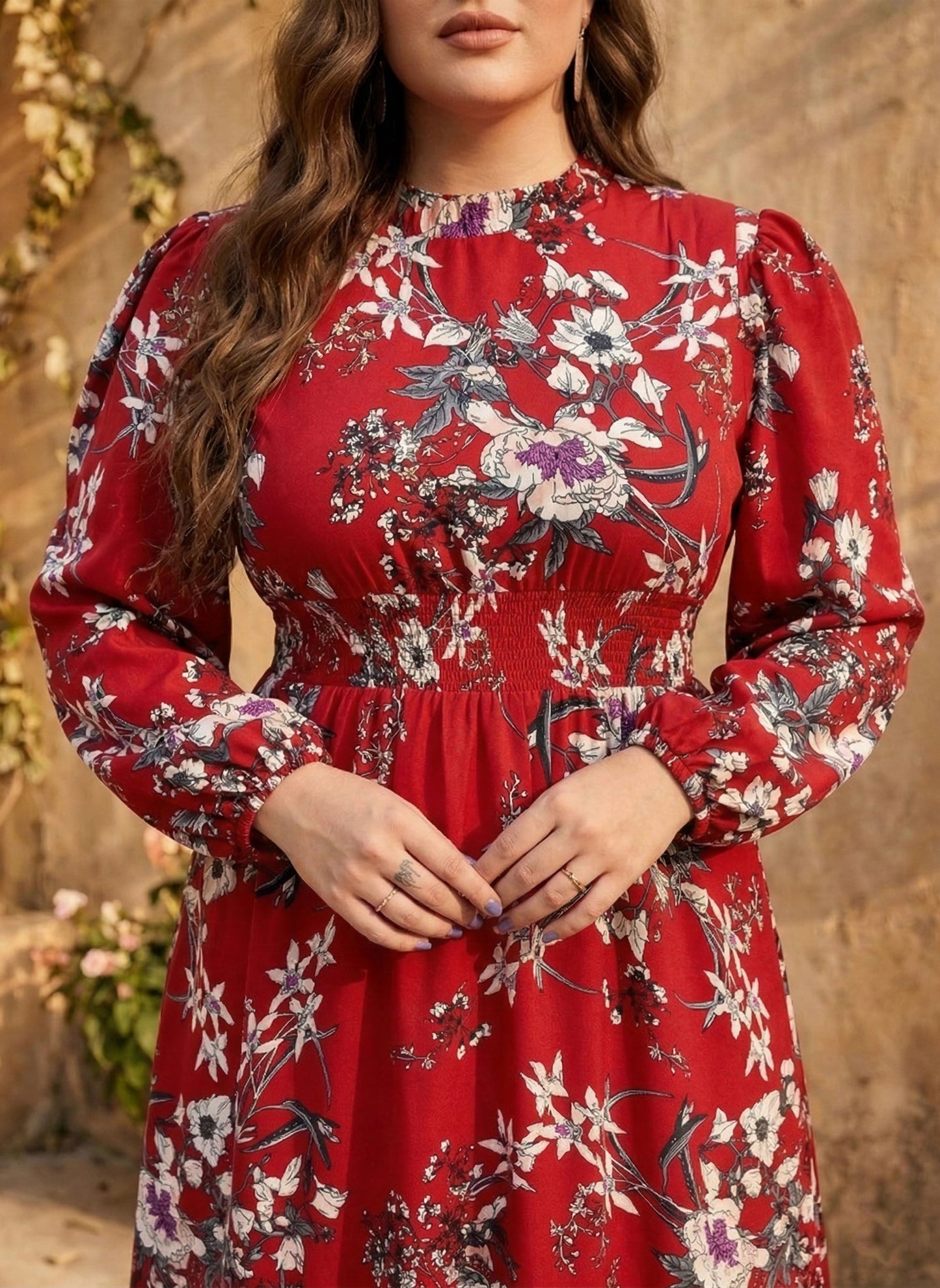 Berrylush Women Plus Size Red & White Floral Printed Mock Neck Smocked A-Line Maxi Dress
