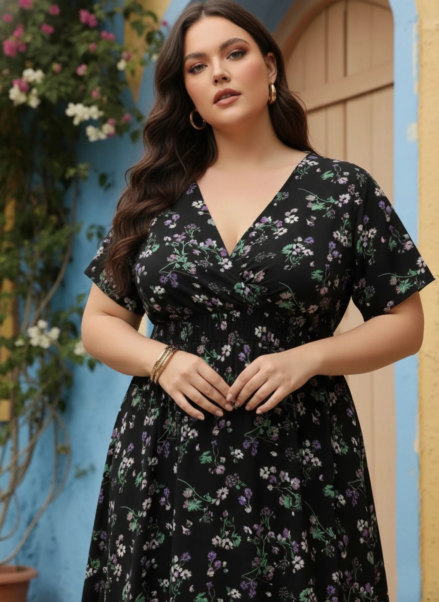 Berrylush Women Plus Size Black & Purple Floral Printed V-Neck Crepe Flared Wrap Midi Dress