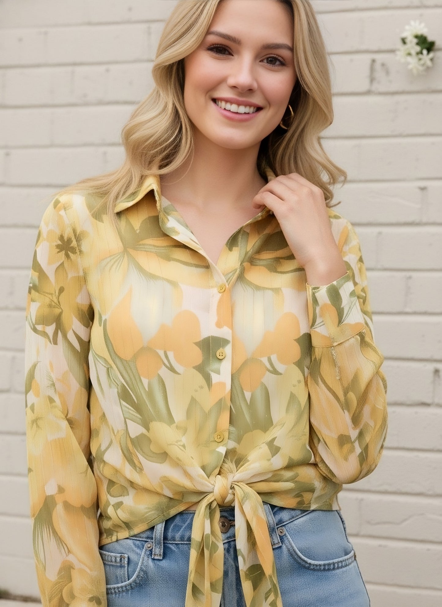 Berrylush Women Yellow Floral Print Spread Collar Long Sleeve Regular Shirts