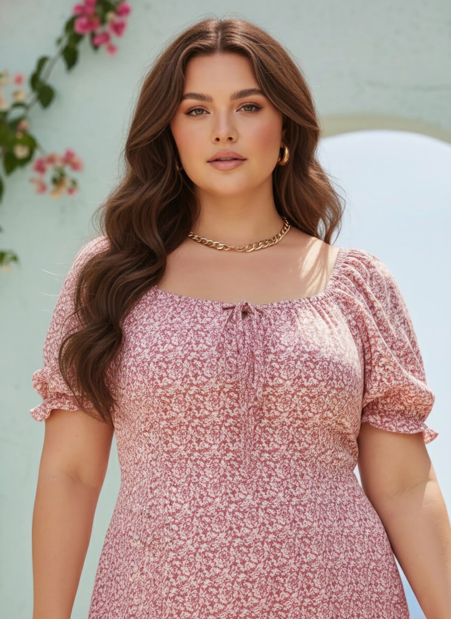 Berrylush Women Plus Size Light Pink & White Floral Printed Sweetheart Neck Front Tie-Up Flounce Hem A-Line Midi Dress