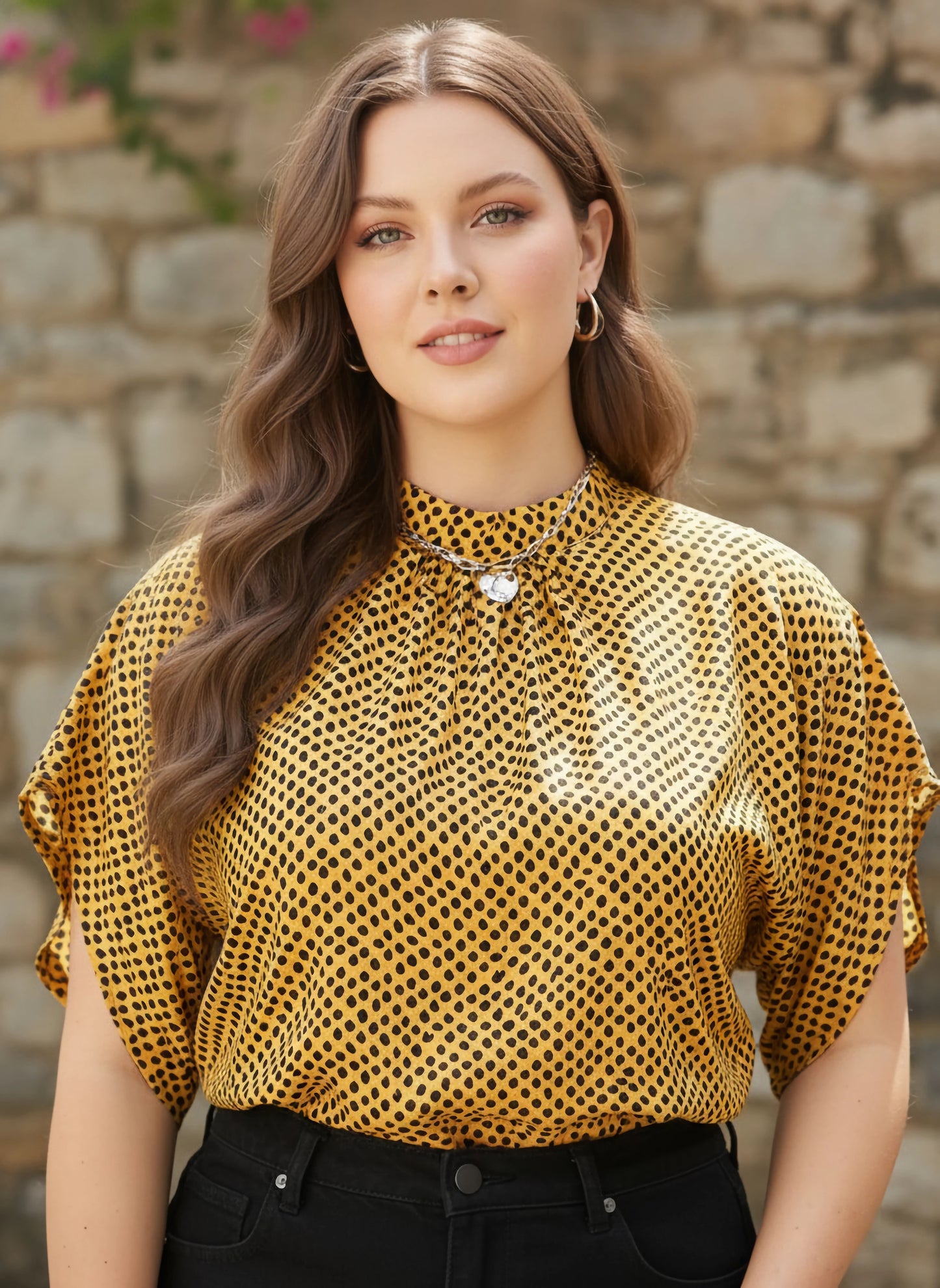 Berrylush Curve Women Yellow & Black Animal Printed High Neck Extended Sleeves Pleated Regular Top