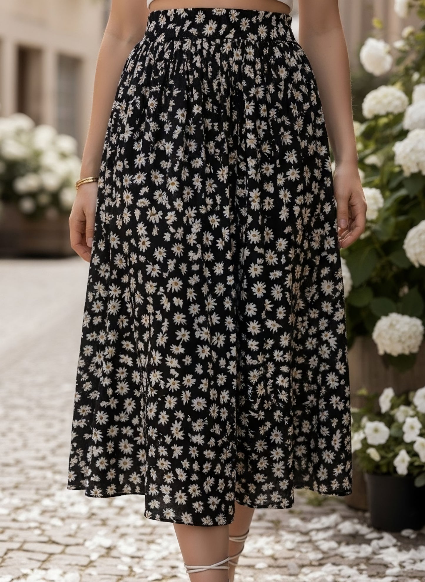 Berrylush Women Black & White Floral Printed High-Rise Waist Slip-On Flared Midi Skirt