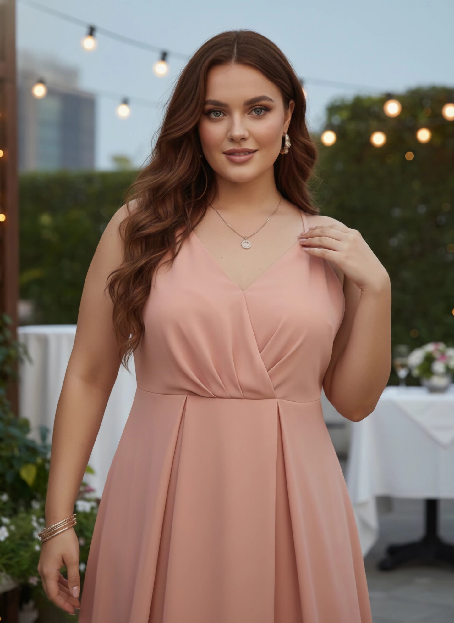 Berrylush Women Plus Size Solid Pink V-Neck Sleeveless Crepe Thigh-High Slit Fit & Flare Wrap Maxi Dress