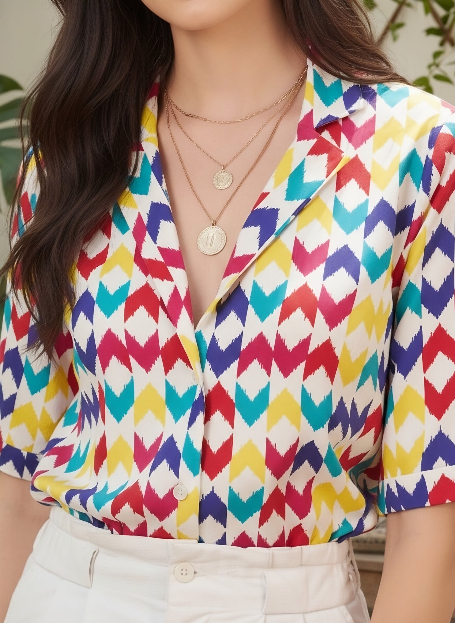 Berrylush BIZwear Women White & Multicolour Geometric Printed Collar Neck Front Button Regular Top