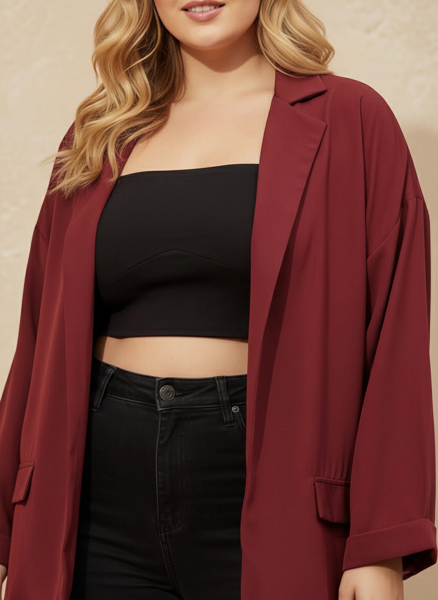 Berrylush Women Plus Size Solid Maroon Notched Lapel Neck Long Sleeve Open Front Longline Blazer