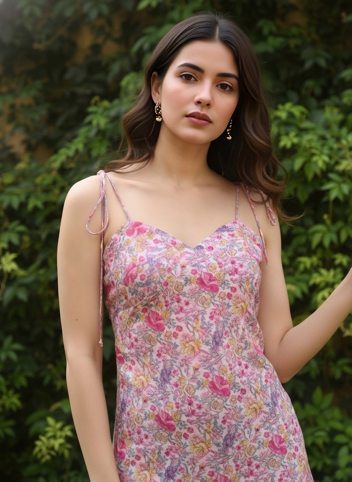 Berrylush Women Pink & Purple Floral Printed Sweetheart Neck Tie-Up Strap Straight Midi Kurta