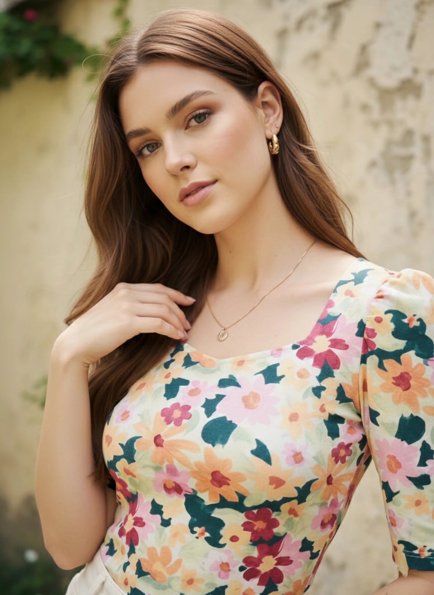 White, Blue, & Pink Floral Printed Sweetheart Neck Puff Sleeves Fitted Regular T-Shirt