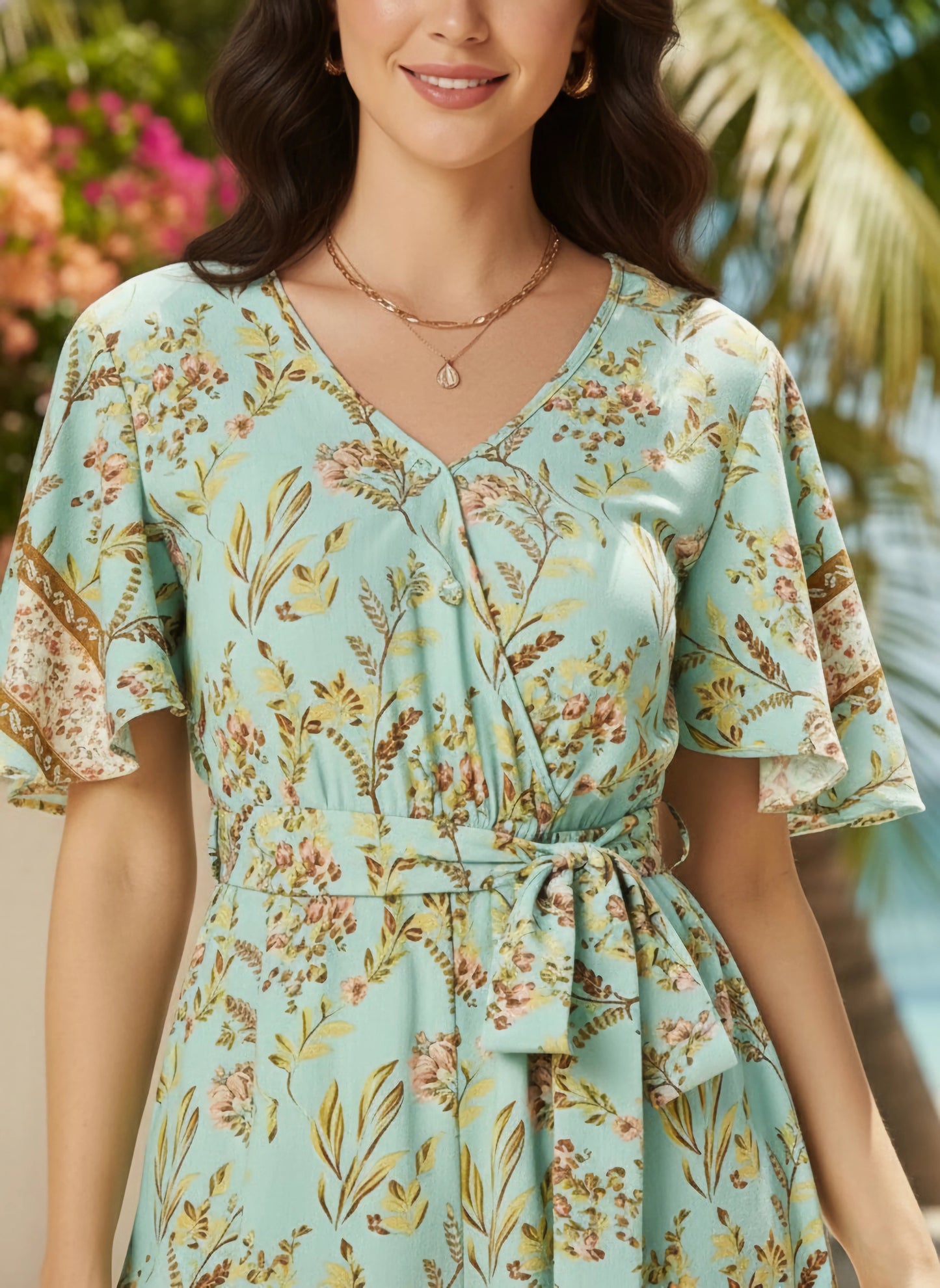 Berrylush Women Green & Brown Floral Printed V-Neck Flutter Sleeve Waist Tie-Up Pleated Mini Playsuit