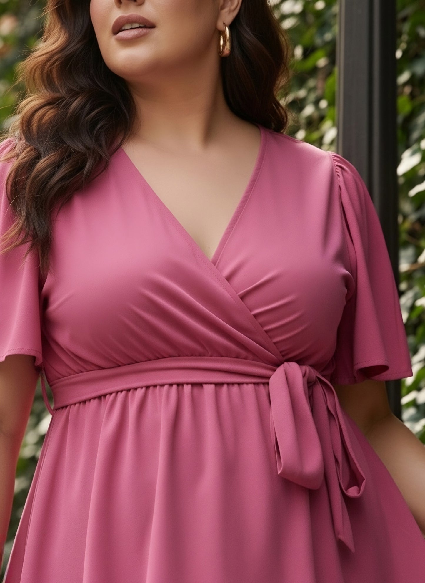 Berrylush Curve Women Solid Pink V-Neck Flared Sleeves Waist Tie-Up Pleated Regular Empire Top
