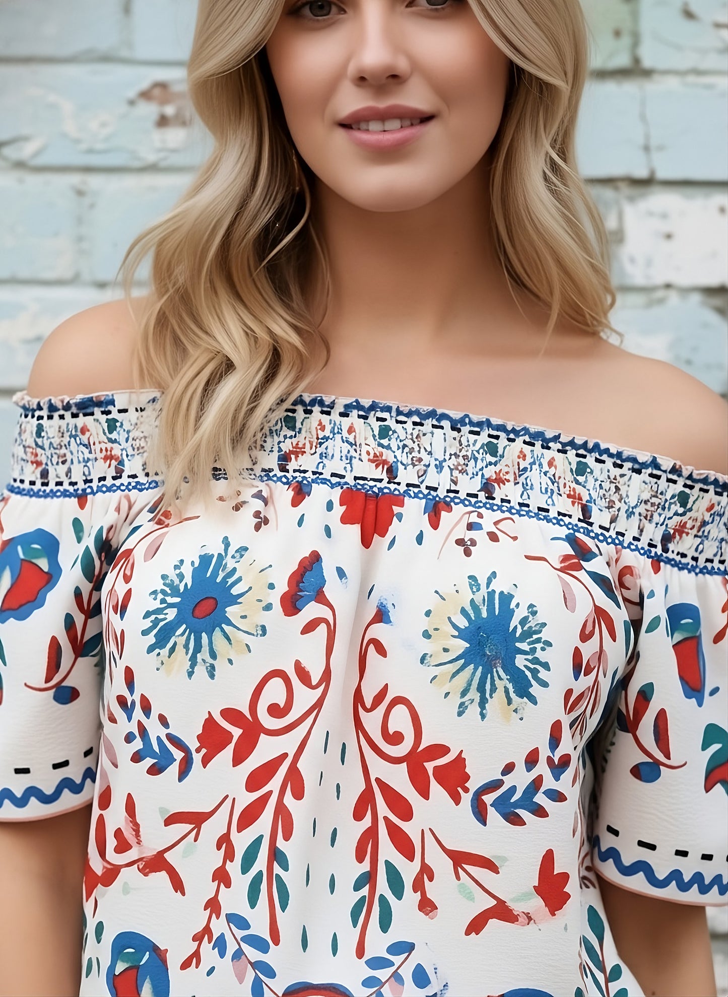 Berrylush Women White & Blue Tribal Printed Off-Shoulder Neck Crepe Regular Top