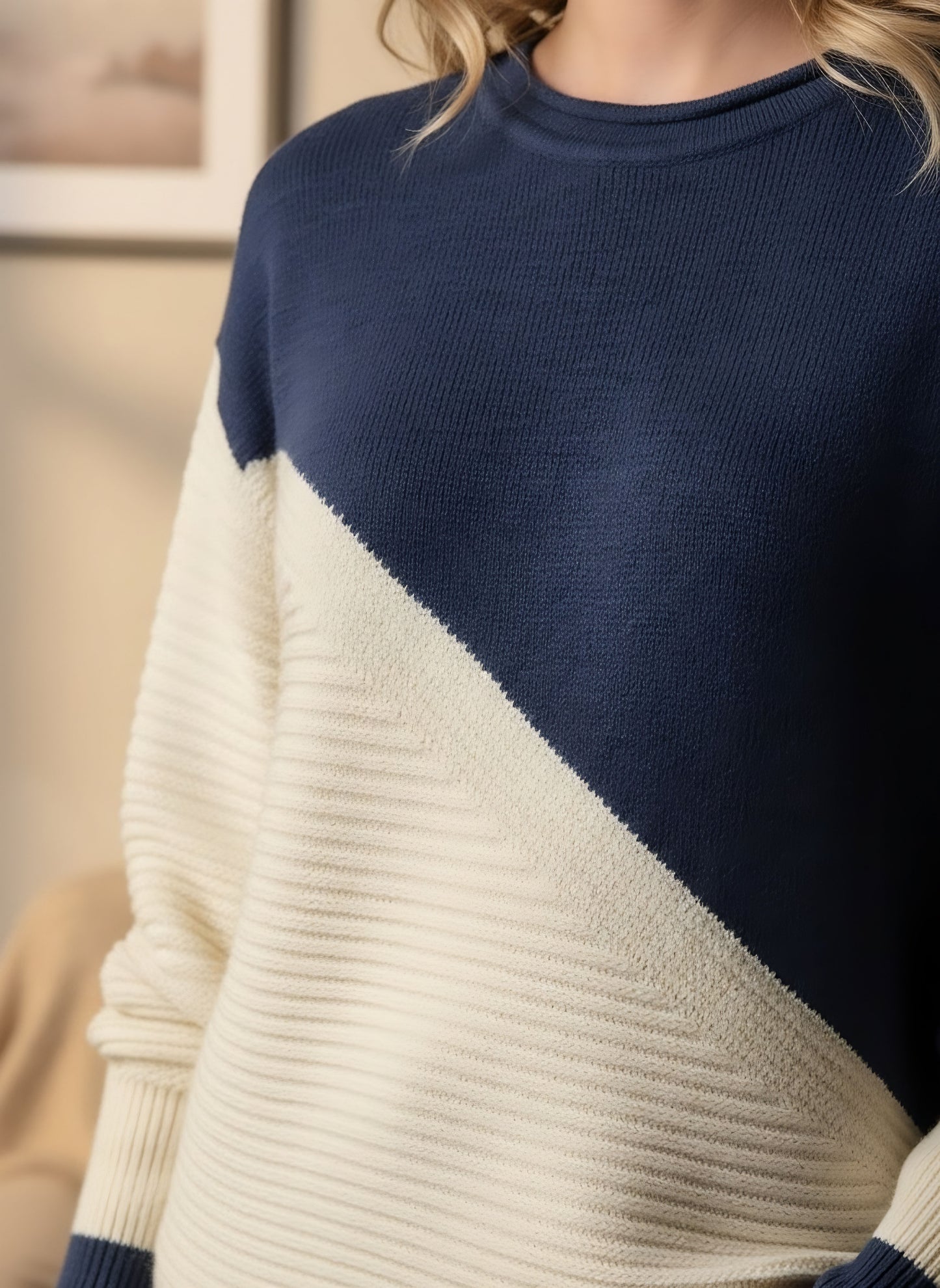 Berrylush Women White & Navy Blue Colourblocked Pattern Round Neck Drop-Shoulder Sleeves Acrylic Ribbed Hem Regular Pullover