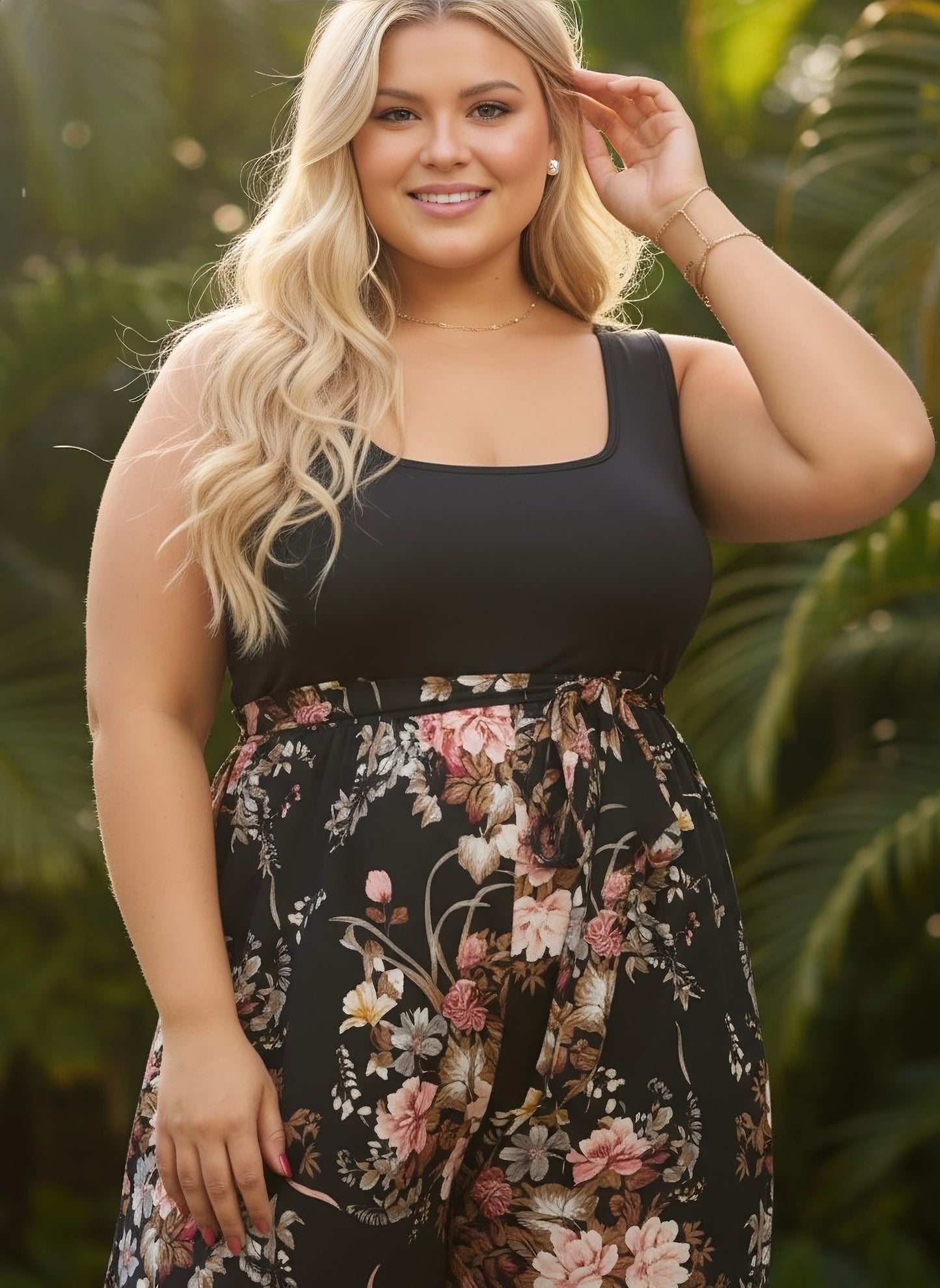 Berrylush Curve Women Black Floral Printed Square Neck Sleeveless Scoop Back Waist Tie-Up Wide-Leg Pleated Maxi Jumpsuit