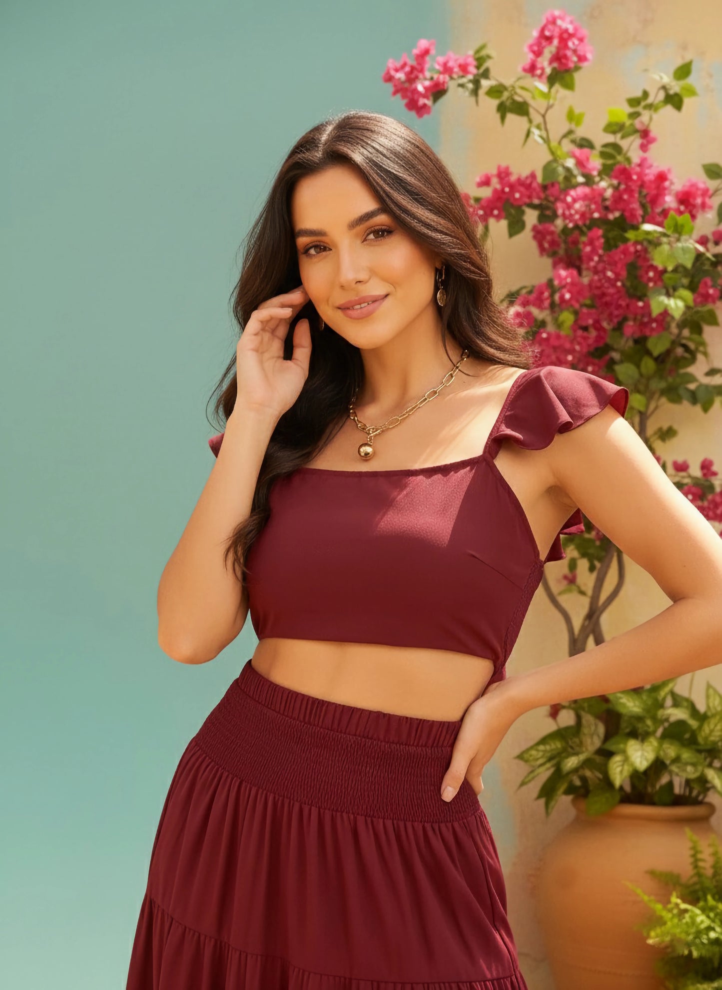 Berrylush Women Solid Maroon Square Neckline Cap Sleeves Cropped Top & Smocked Maxi Skirt Co-Ord Set