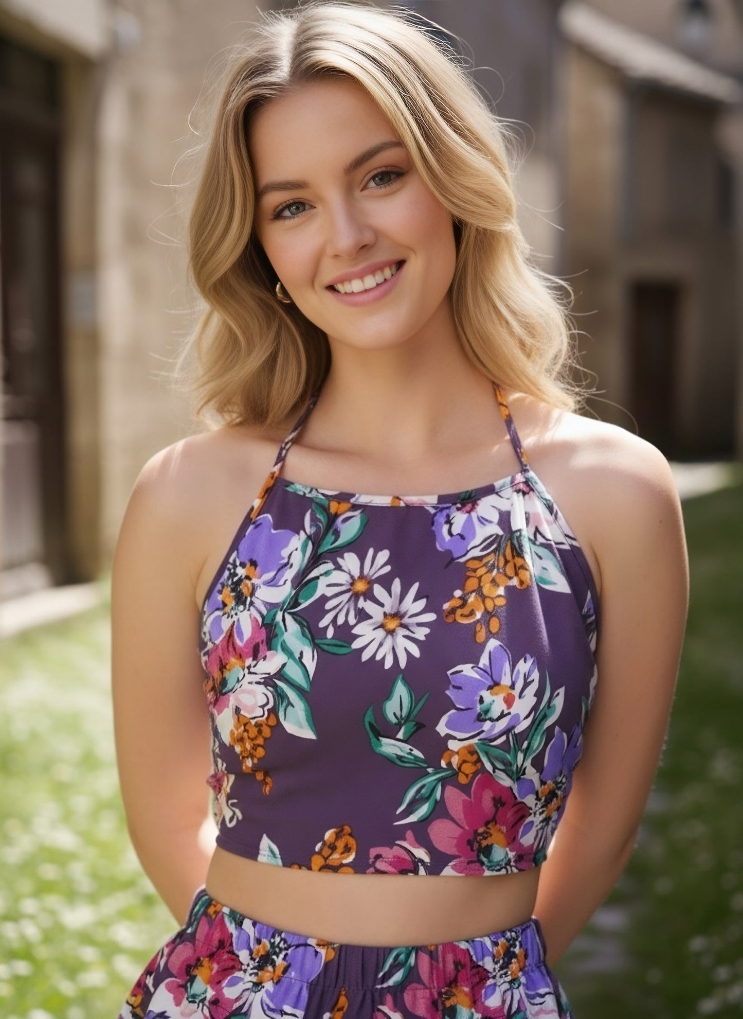 Berrylush Women Purple & White Floral Printed Halter Neck Back Tie-up Co-Ordinate Set