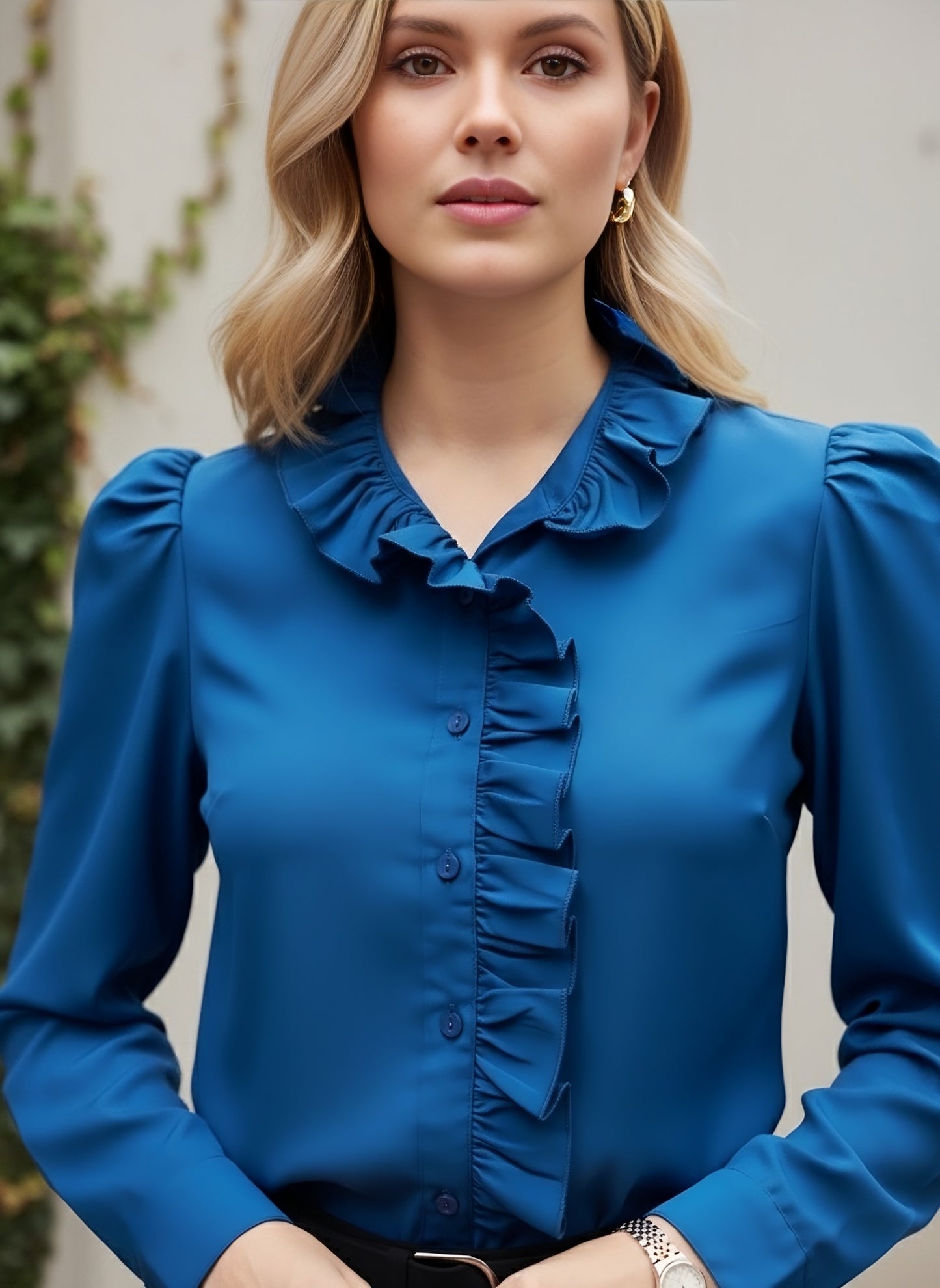 Berrylush BIZwear Women Solid Blue High-Neck Puff Sleeves Front Button Satin Ruffled Regular Top