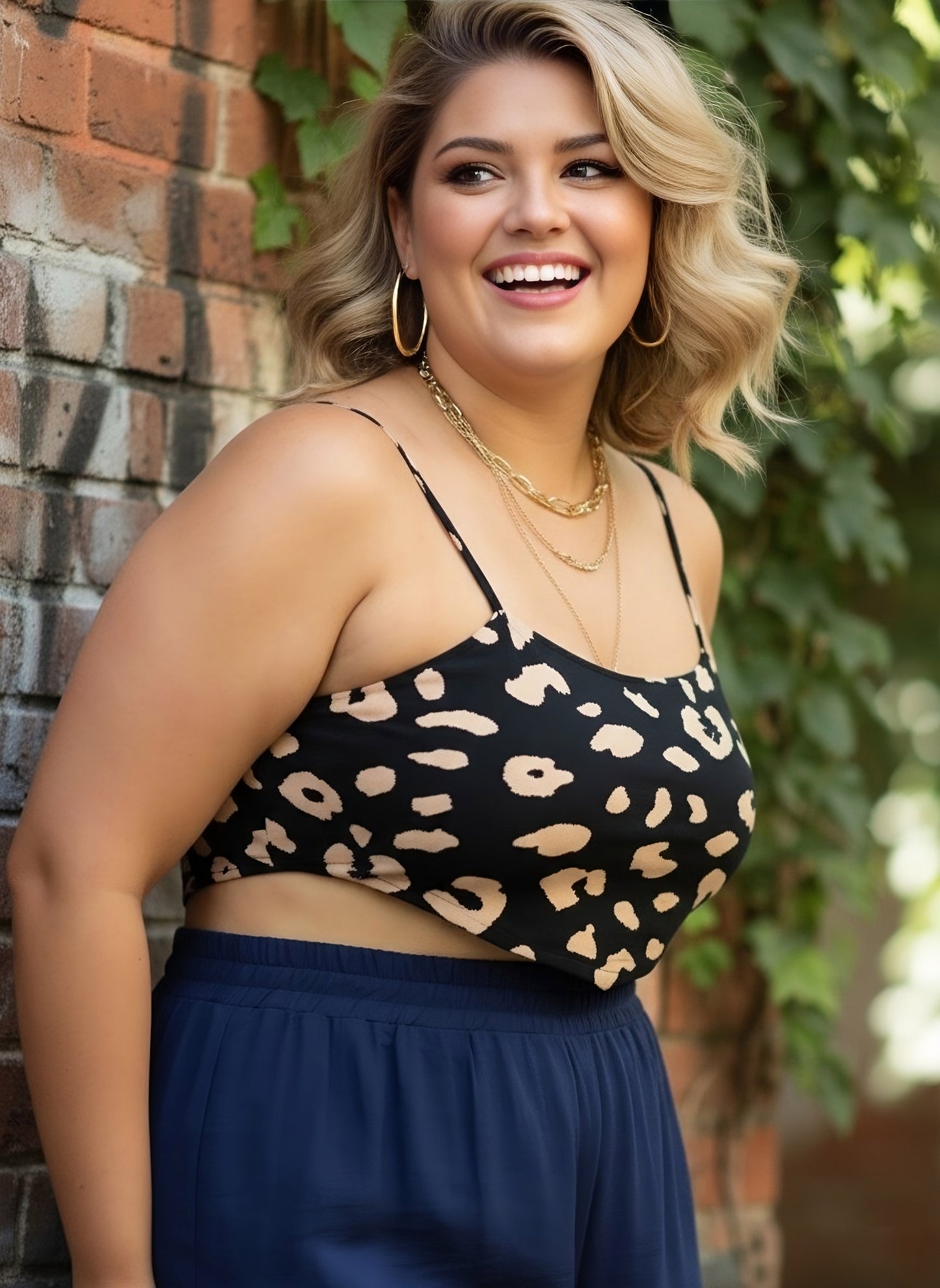 Plus Size Black & Beige Animal Printed Square Neck Sleeveless Crepe Cropped Tank Top
