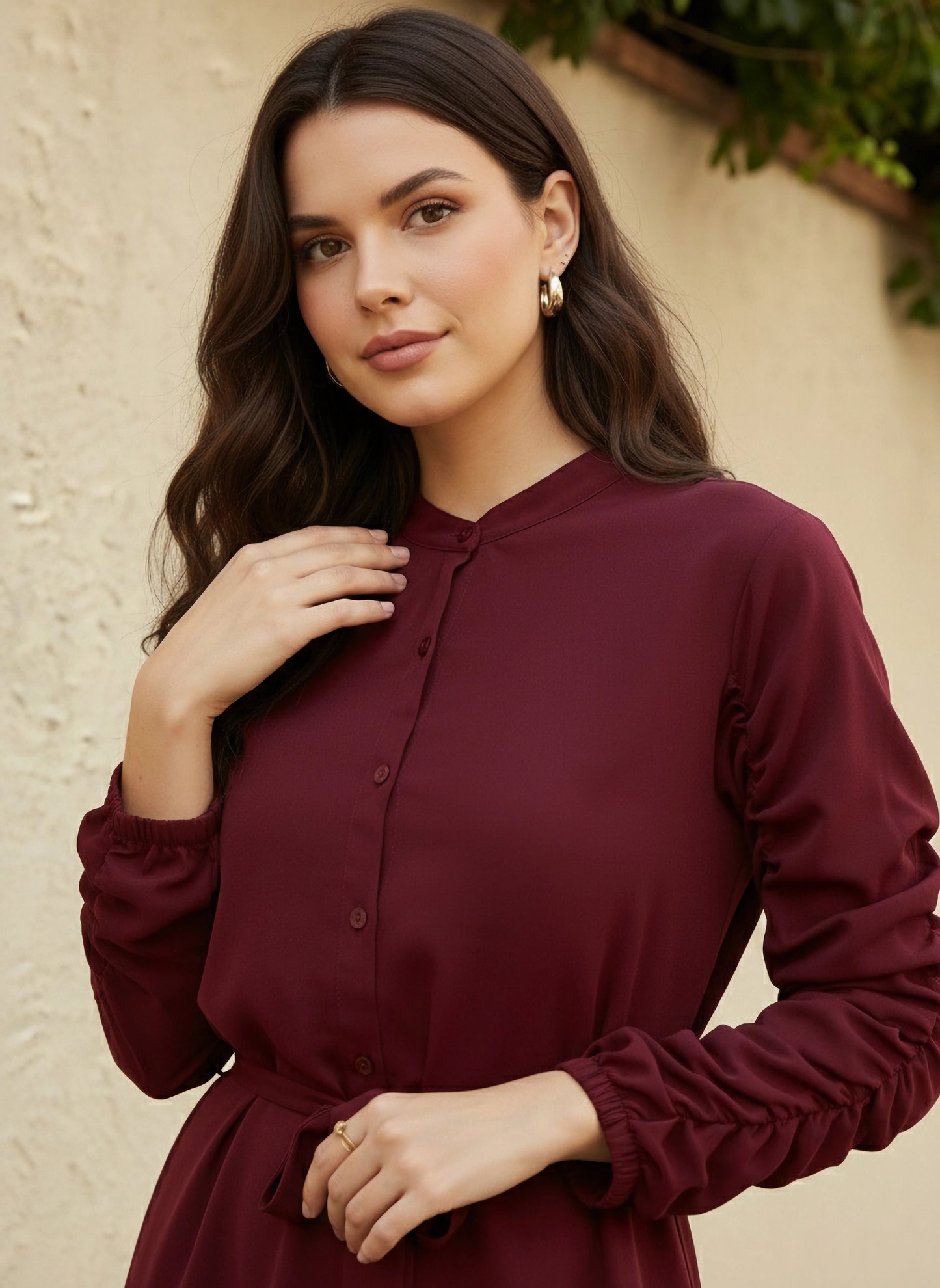 Solid Maroon Stand Collar Neck Bishop Sleeves Tie-Up Waist Front Button-Up High-Low Hem Pleated Longline Top